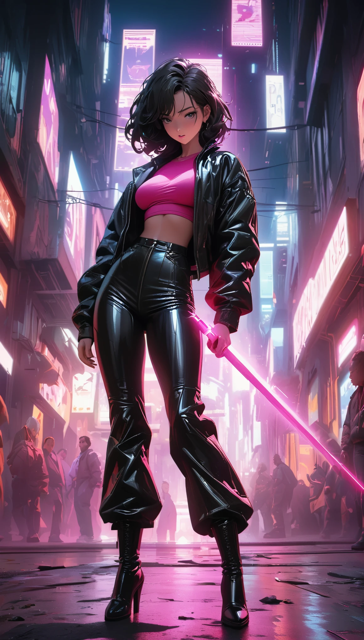 
cyberpunk style，30-year-old mature and charming woman，Leather jumpsuit and leather pants cover the whole body，High-heeled leather boots，Fight with a laser sword，Beautiful，Glowing special effects，celluloid style，Flat coating，HD，CG art，comics，8K，looking into camera，high quality，illustration，Vaporwave style，rim light，movie lighting，Super detailed，complex，OC renderer，cinematic perspective，high resolution

