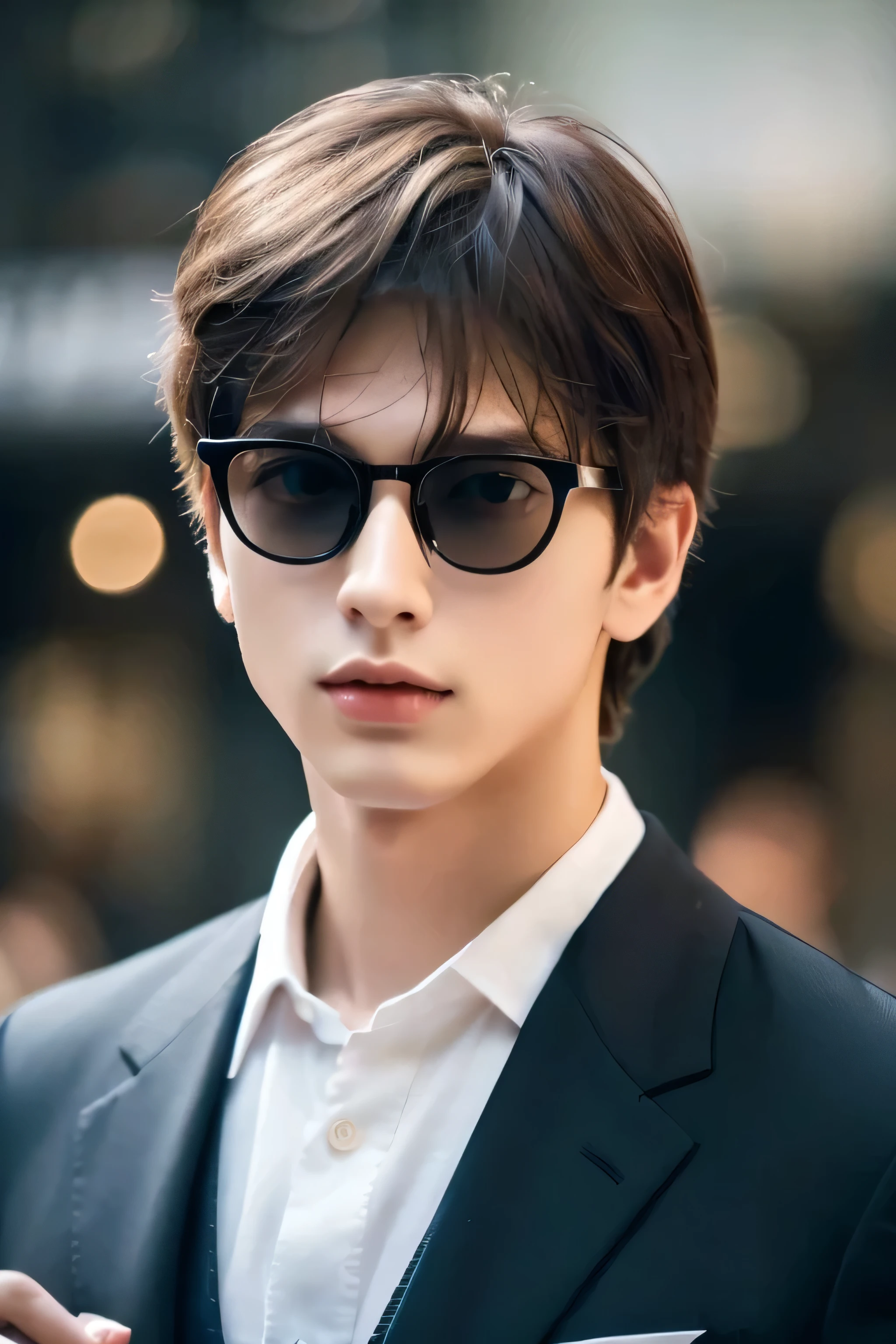 Wearing transparent glasses、Tokyo Marunouchi、Sidewalk under the trees、body whole、Height 178cm、long legs、Walking briskly and hurriedly、wearing frameless glasses、Talking on an iPhone、Holding a black bag handle、He wears a white shirt and a dark blue suit、navy blue tie、No tie pin、A beautiful young man, 23 years old、Kazuma、masterpiece photo、ultra high resolution、 Really detailed RAW photos. Attractive big eyes,The lips are thin and tight、The tip of the nose is straight、nostrils are small、 dark brown hair, Fair skin,Body type is slim