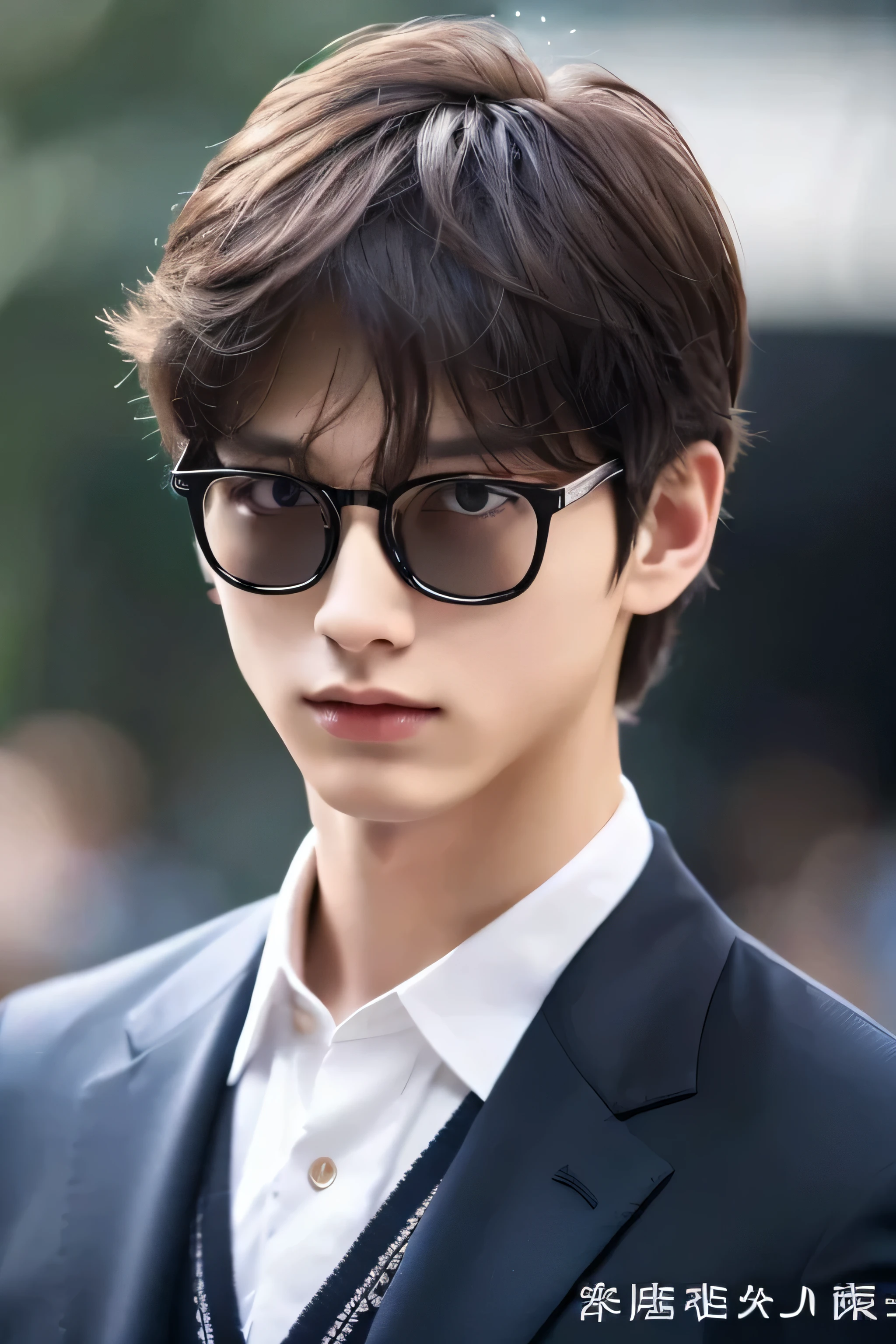 Wearing transparent glasses、Tokyo Marunouchi、Sidewalk under the trees、body whole、Height 178cm、long legs、Walking briskly and hurriedly、wearing frameless glasses、Talking on an iPhone、Holding a black bag handle、He wears a white shirt and a dark blue suit、navy blue tie、No tie pin、A beautiful young man, 23 years old、Kazuma、masterpiece photo、ultra high resolution、 Really detailed RAW photos. Attractive big eyes,The lips are thin and tight、The tip of the nose is straight、nostrils are small、 dark brown hair, Fair skin,Body type is slim