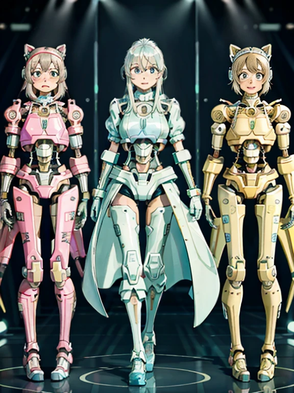 detailed background, 
highest quality,
 Three beautiful female robots in their twenties,
 full body shot,
 all facing forward,
 Everyone is showing off their bodies,
 Everyone is embarrassed,
 All perfect, cute and beautiful human female faces,
 Everyone except their faces are machines.,
 All internal skeletons exposed,
 Everyone has cute hairstyles,
 All have huge chests,
 smile,
 Each has a different internal skeleton,
 Everyone&#39;s internal skeleton is clearly visible,
 All have floral and pastel colored internal skeletons,
 Everyone has casters at their feet－is attached,
 All the members added accents with headsets and headbands.