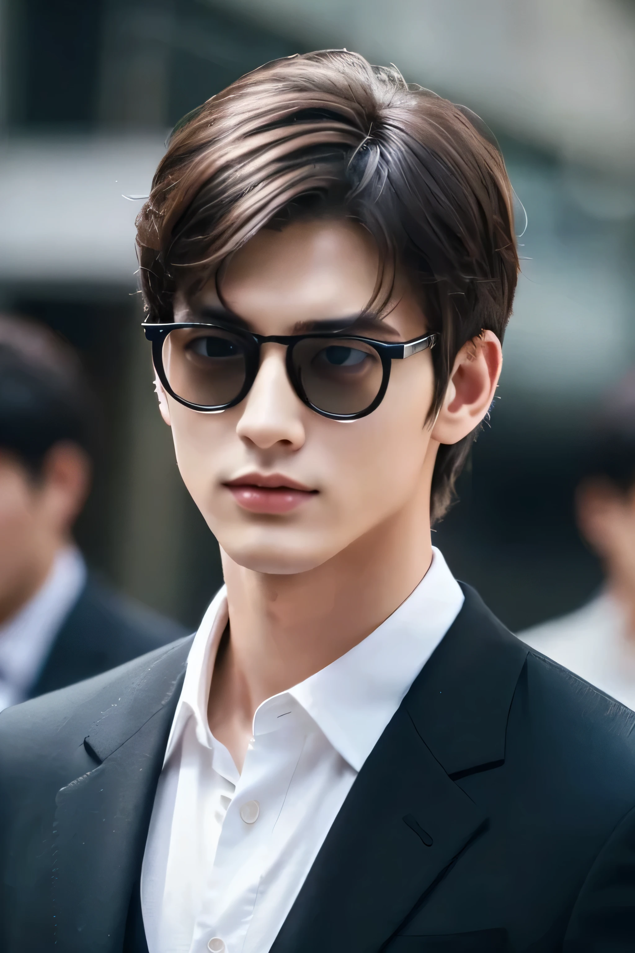 Wearing transparent glasses、Tokyo Marunouchi、Sidewalk under the trees、body whole、Height 178cm、long legs、Walking briskly and hurriedly、wearing frameless glasses、Talking on an iPhone、Holding a black bag handle、He wears a white shirt and a dark blue suit、navy blue tie、No tie pin、A beautiful young man, 23 years old、Kazuma、masterpiece photo、ultra high resolution、 Really detailed RAW photos. Attractive big eyes,The lips are thin and tight、The tip of the nose is straight、nostrils are small、 dark brown hair, Fair skin,Body type is slim
