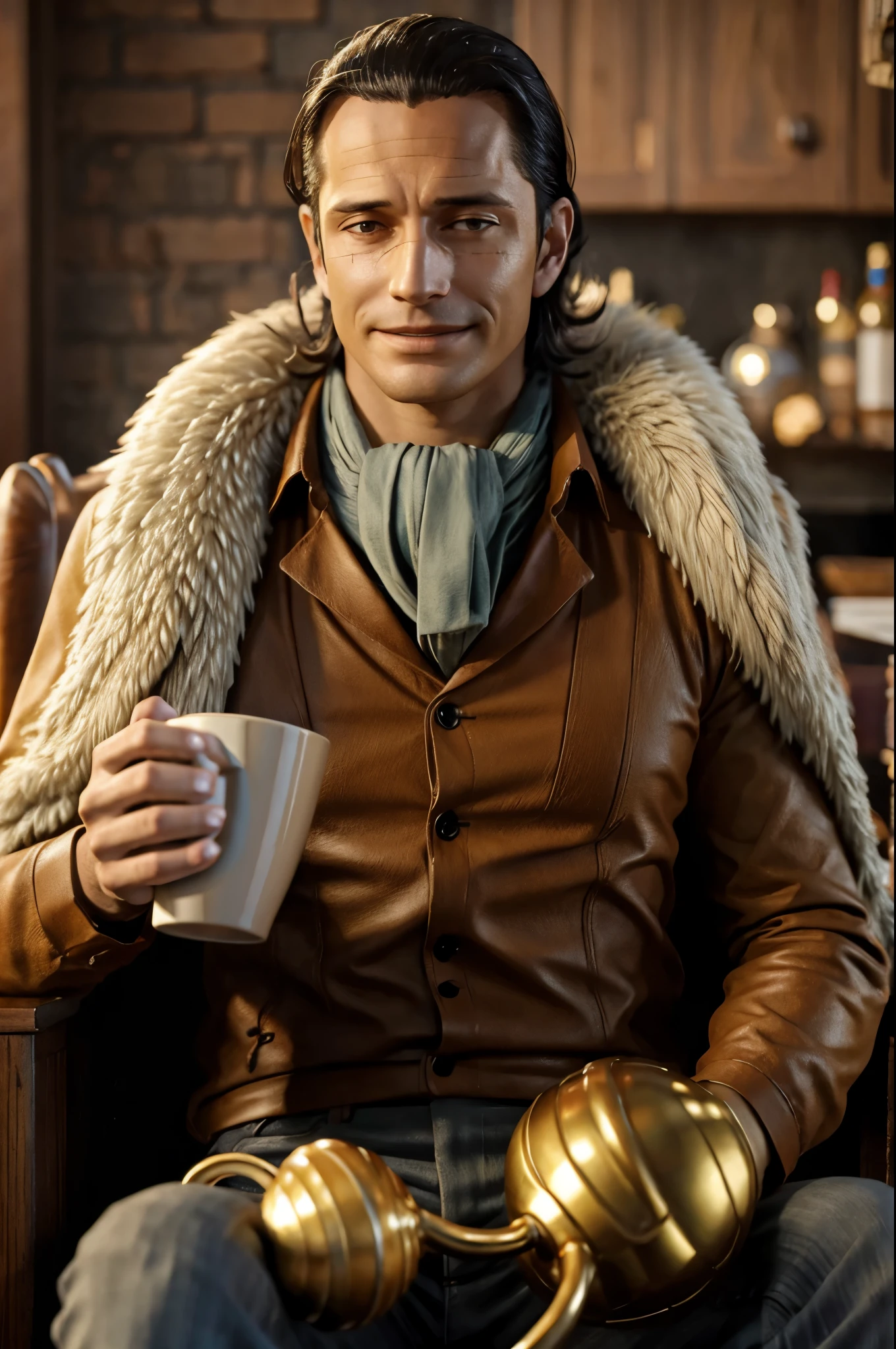 masterpiece, best quality, extremely detailed, hyperrealistic, photorealistic, a cool 40s man, ultra detailed face:1.2, fur-trimmed coat, scarf around the neck, his left hand is a golden pirate hook:1.1, at cafe:1.2, sitting, a cup of coffee, sly smile