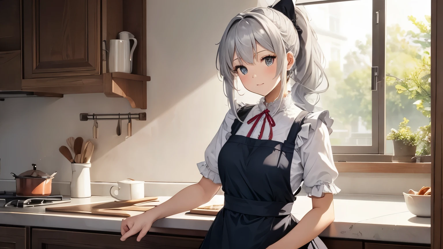 A beautiful girl wearing an apron dress with lots of frills and lace silver hair A big ribbon in a ponytail