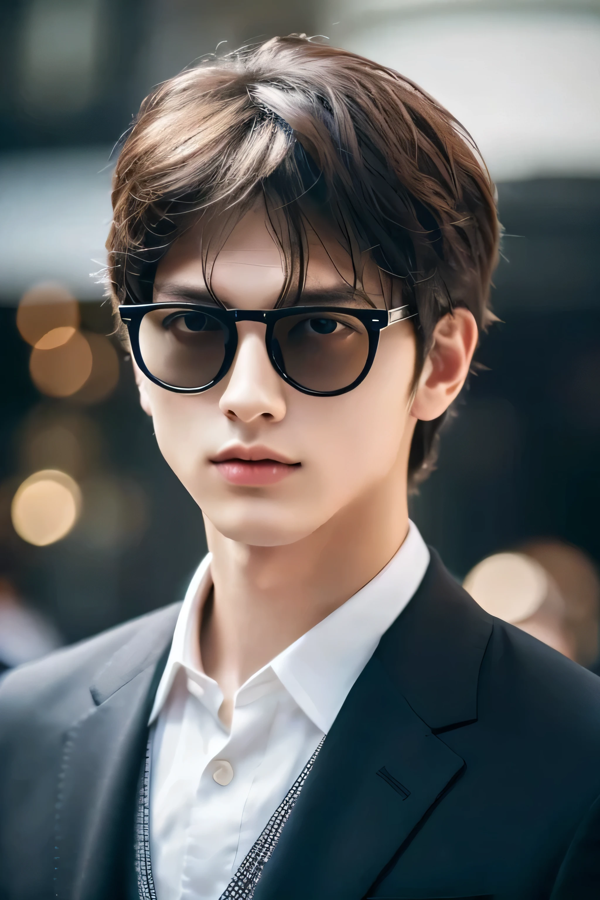 Wearing transparent glasses、Tokyo Marunouchi、Sidewalk under the trees、body whole、Height 178cm、long legs、Walking briskly and hurriedly、wearing frameless glasses、Talking on an iPhone、Holding a black bag handle、He wears a white shirt and a dark blue suit、navy blue tie、No tie pin、A beautiful young man, 23 years old、Kazuma、masterpiece photo、ultra high resolution、 Really detailed RAW photos. Attractive big eyes,The lips are thin and tight、The tip of the nose is straight、nostrils are small、 dark brown hair, Fair skin,Body type is slim