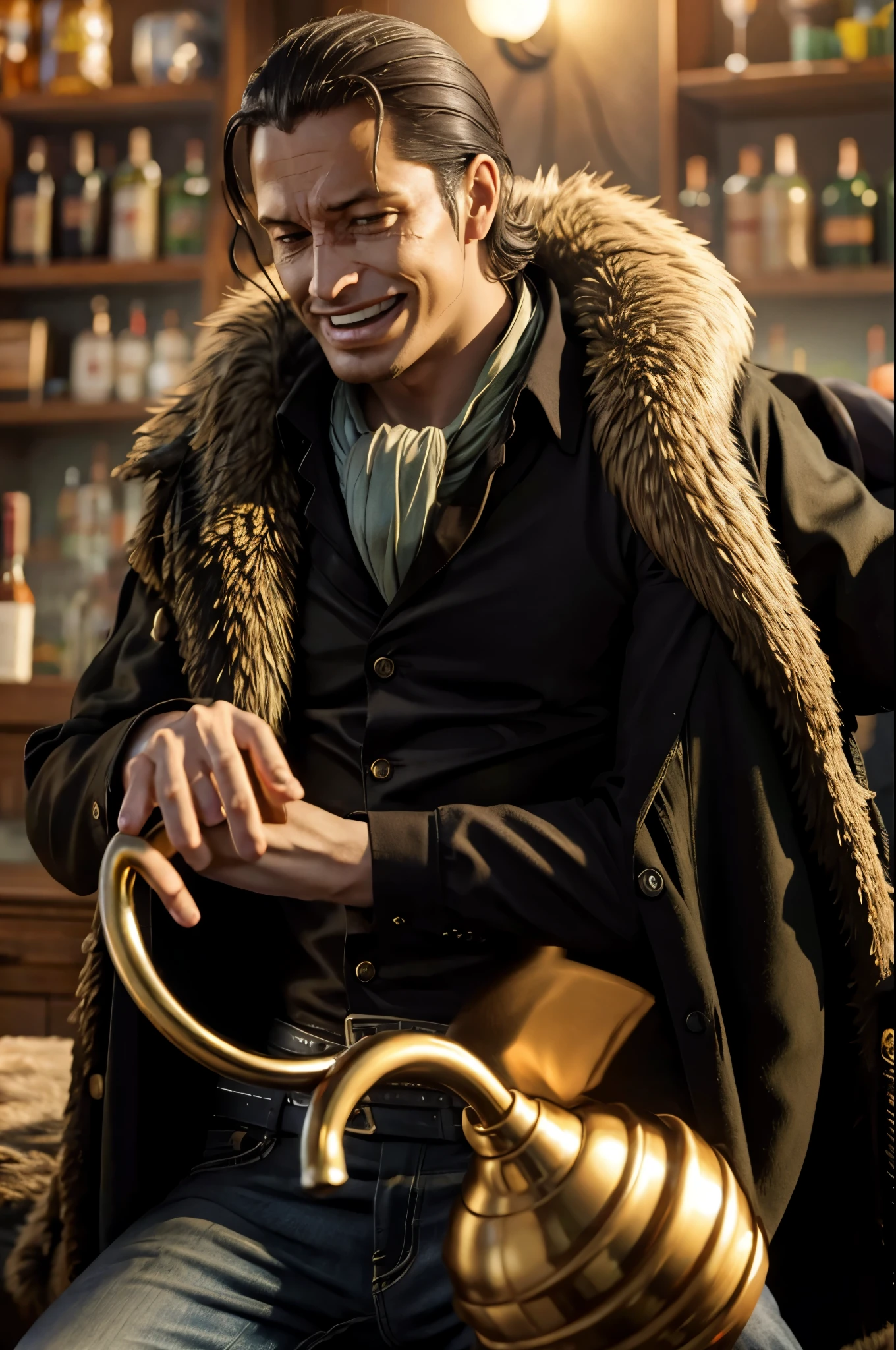 masterpiece, best quality, extremely detailed, hyperrealistic, photorealistic, a cool 40s man, ultra detailed face:1.2, fur-trimmed coat, scarf around the neck, his left hand is a golden pirate hook:1.1, at bar:1.2, sitting, a red wine grass, cigar, laughing