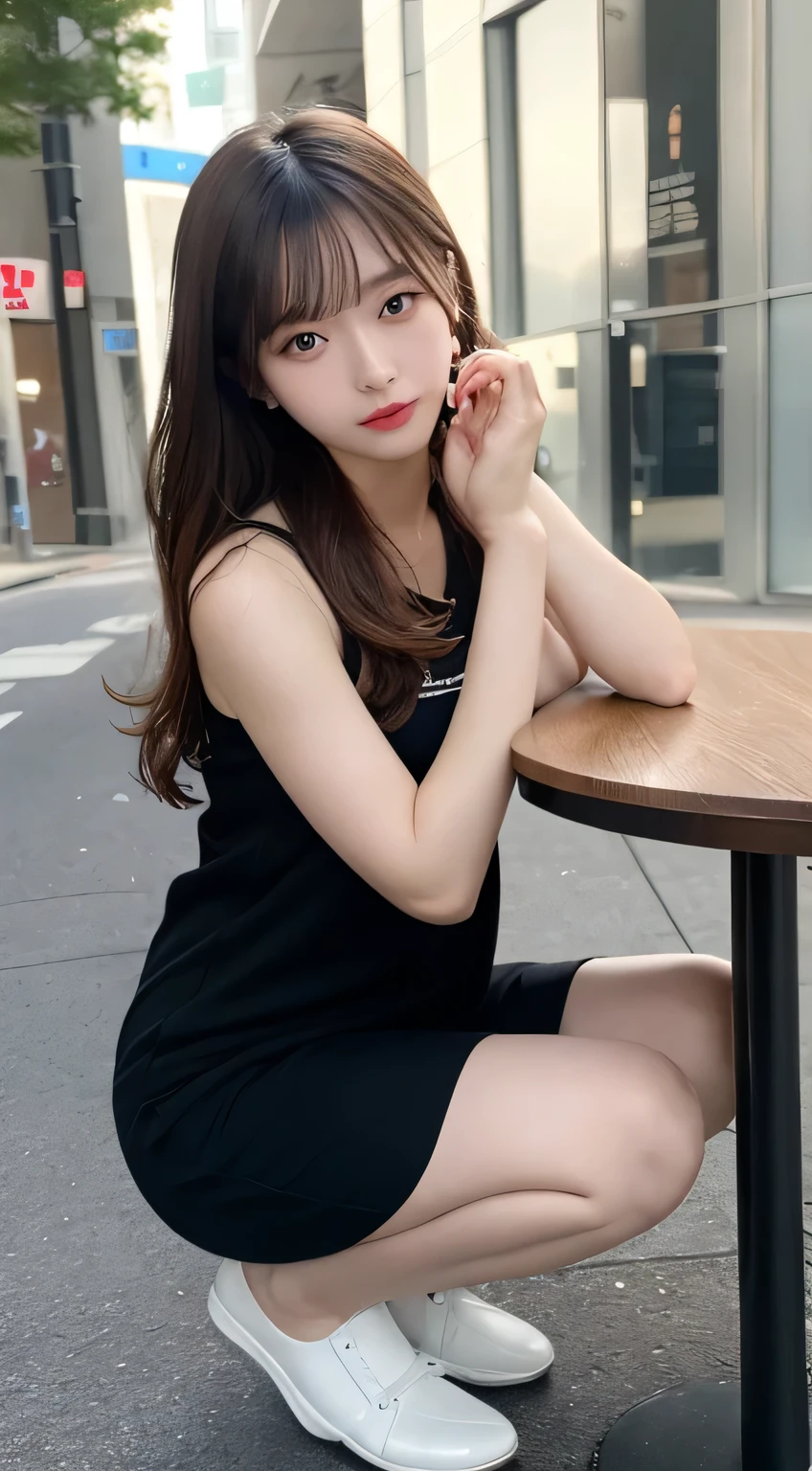 finely, High resolution, high quality、Perfect dynamic composition figure, detailed and beautiful eyes, medium hair, 、natural color lip,Kamimei、Shibuya Ward、20 year old girl、1 person、transparent skin、shining hair、table top, 最high quality, figure, Super detailed, finely, High resolution, 8K、correct state of the human body、squat、sculpture model pose,hair blowing in the wind
