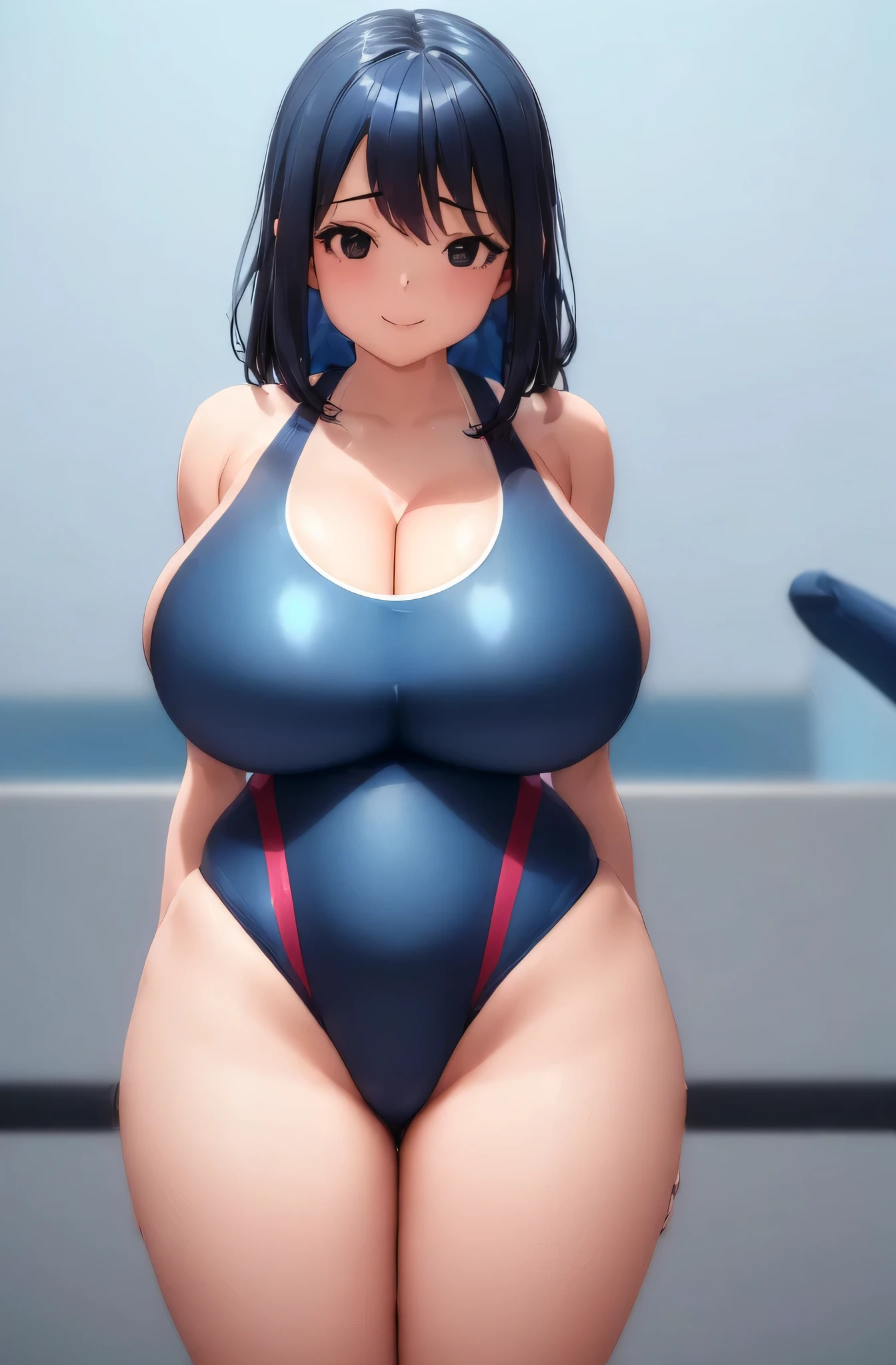 (1girl:1.5),(under breasts:2.0),(Smile Beam:1.5),((huge breasts:1.5)),(huge saggy breasts:1.5), ((cleavage:1.5)),((blue competition swimsuit:2.0)),((High leg:2.0), 20 years old,masterpiece,hyper quality, very detailed,perfect picture,3D,8k,High resolution,seductive anime girl, medium hair:1.3,black hair,(black eye:1.5),sporty hairstyle,Smooth anime CG art,