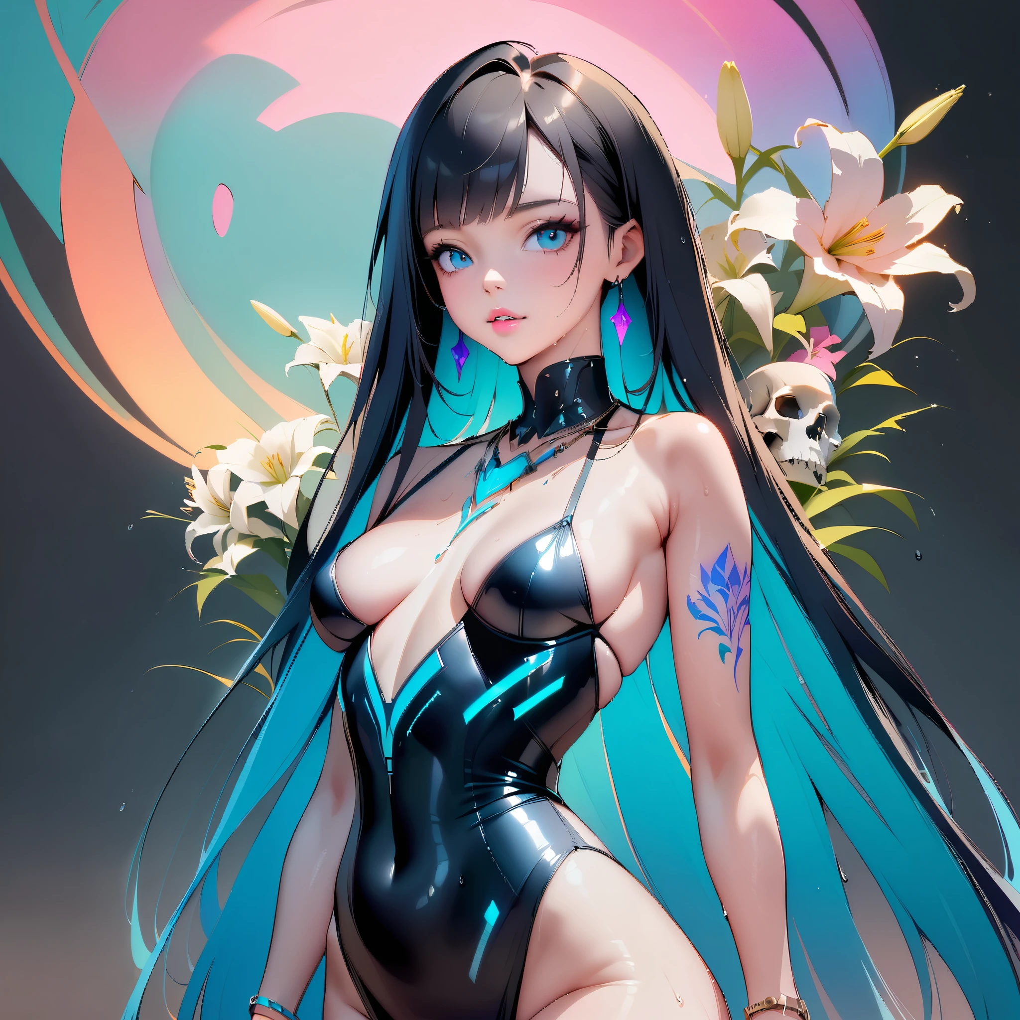 ((Create MaxZenArt!))_((One, 1 girl, tattoos, glowing tattoos, shiny, white-fluffy 16+), (skulls, flowers), (black transparent clothes-dress)), (sexy, erotic)) _((Delicate scarlet lips), (straight black hair - long, highlights, blue, cascading), (multi-colored shiny hair), (cool shine, wet straight hair))_((Stylization; clear line, clear outline, high-quality linear drawing, shading))_((Simple color palettes), (color fill, color richness, saturation, harmony, balance), (rich pastel colors, pure colors), (cyberpunk))_((Sexy, erotic), (simple , minimum accessories), (necklaces and thin rings made of silver or gold), (simple bracelets, unusual designs, simple silhouettes), (erotic style))_((Background),(abstract minimalism), (stunning cybernetic flowers), ( lilies, extremely unusual, long stems - large stems, skulls, flowers)).