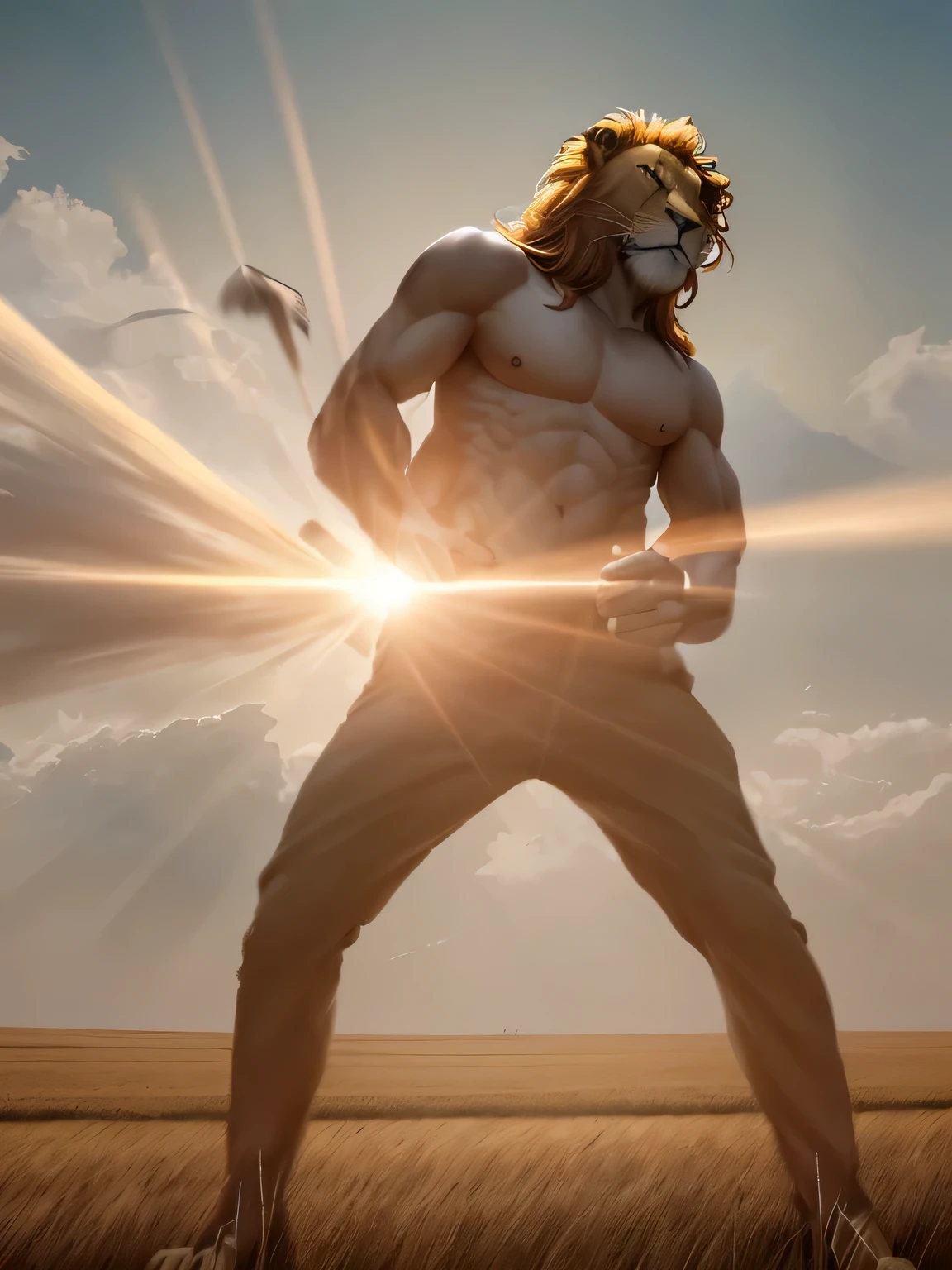8k ultra-clear picture quality，Cinematic light，masterpiece，Mighty lion，Hair flying，grassland