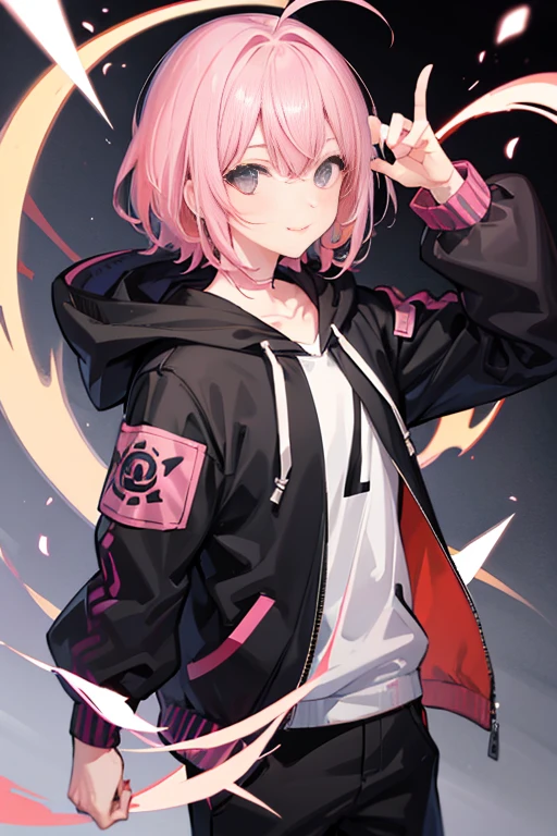 anime,manga,1boy, solo, hood, black eyes, short hair, long sleeves, bangs, hood up, pink hoodie, arm up, upper body, multicolored hair, looking at viewer, pink hair, hair between eyes, puffy long sleeves, hoodie, gray hair, drawstring, blush, closed mouth, virtual youtuber, sleeves past wrists, smile, black jacket, jacket, two-tone hair,boy