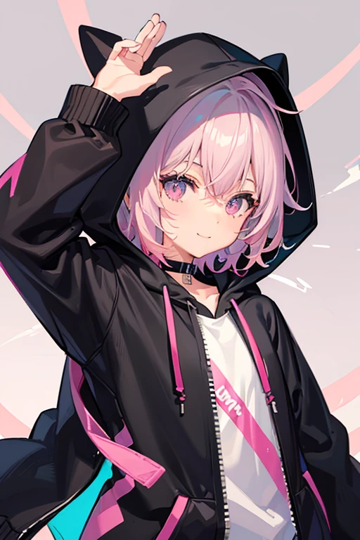 anime,manga,1boy, solo, hood, black eyes, short hair, long sleeves, bangs, hood up, pink hoodie, arm up, upper body, multicolored hair, looking at viewer, pink hair, hair between eyes, puffy long sleeves, hoodie, gray hair, drawstring, blush, closed mouth, virtual youtuber, sleeves past wrists, smile, black jacket, jacket, two-tone hair,boy