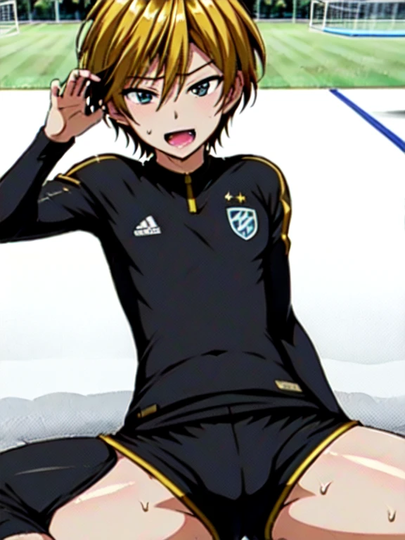 (((official art,Super thin illustration,High resolution, muste piece, best quality,best quality,)))high quality, detailed, ( boy),12 yealo)))、 A young ace striker male idol with a super cute face,A boy as beautiful as Planding, Cool handsome face with a smile, soccer spike, long legs, thighs, Foots, No bulge, (blonde、short hair)、shiny hair, (Tight shiny random color soccer uniform suit), (tight and shiny soccer shorts), (soccer socks), grassy area, cool pose, (厚いthighs、Seducing a big ass into your crotch)、(((soccer field in the park)))、((Saucy、))、grinning grin、spread legs,ultra fine painting, (best quality, In 4K, 8K, High resolution, muste piece:1.2),service shot、((detailedな目:1.2))、showing off his big butt、proud butt、