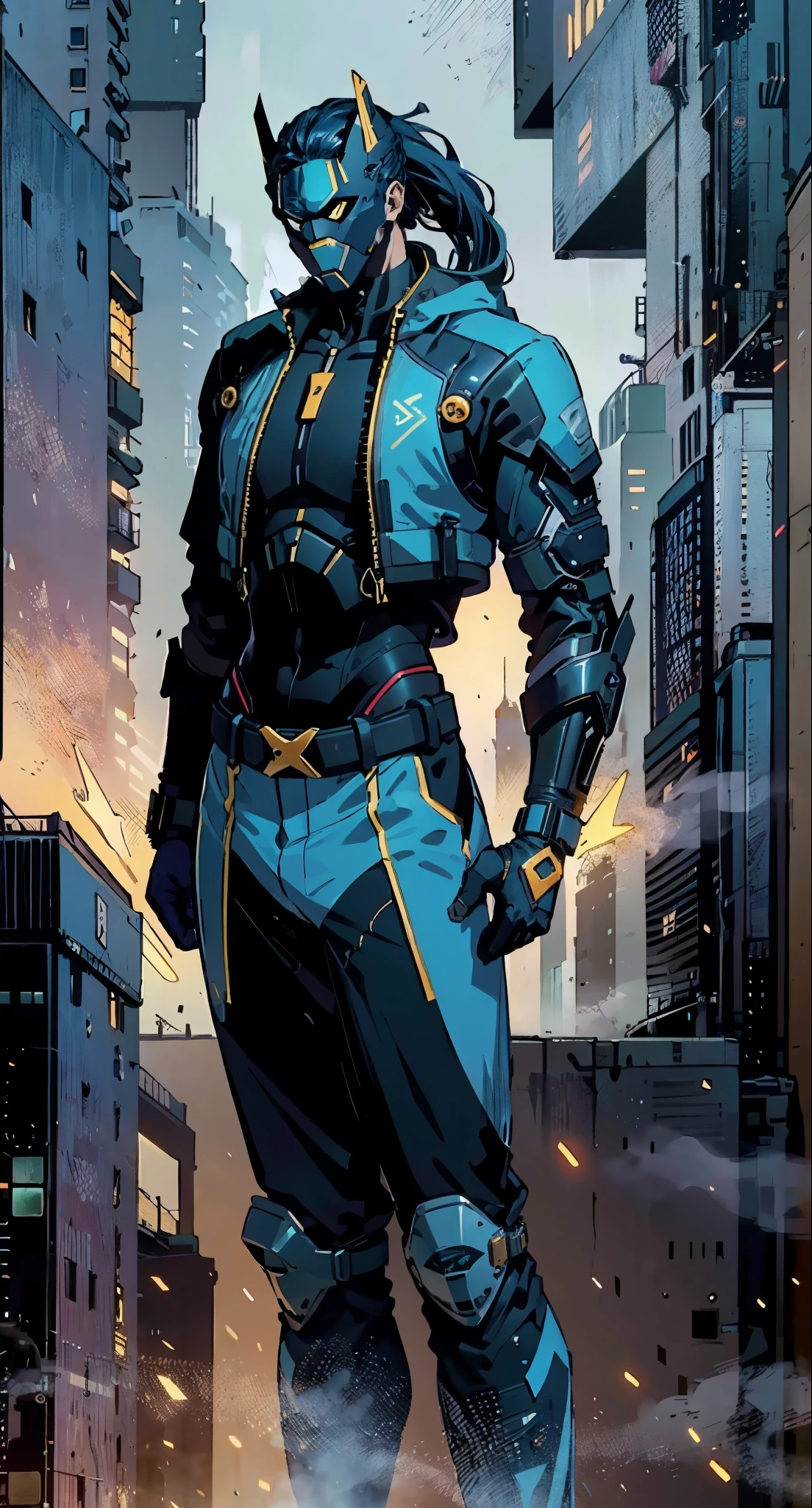 A man with blue hair tied in a ponytail, his face concealed by a falcon concept mask, full_mask, stands tall and imposing, a futuristic sci-fi style short jacket, a dark bodysuit, matching trousers, a belt cinched at the waist, colorful gloves, he stands atop a futuristic high-rise, he surveys the city night view, this character embodies a finely crafted futuristic sci-fi style masked hero in anime style, exquisite and mature manga art style, high definition, best quality, highres, ultra-detailed, ultra-fine painting, extremely delicate, professional, perfect body proportions, golden ratio, anatomically correct, symmetrical face, extremely detailed eyes and face, high quality eyes, creativity, RAW photo, UHD, 32k, Natural light, cinematic lighting, masterpiece-anatomy-perfect, masterpiece:1.5
