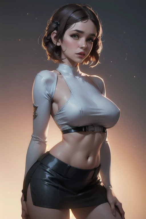 (Realistic), (highly detailed), uhd, Princess Leia without panties under short skirt, breast sheer top, (extremely short hair:1.3), detailed body, star wars world