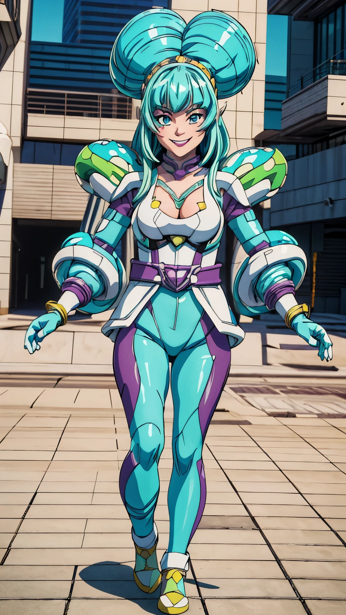 (best quality,4k,8k,highres,masterpiece:1.2),ultra-detailed, Alien Princess, Female Commander Invading city with her minions, strutting her stuff, Smiling and laughing, Flirting with the viewer, HDR, 8k, absurdres, cinestill 800, sharp focus, add_detail:3 (solo woman) anime Villainess