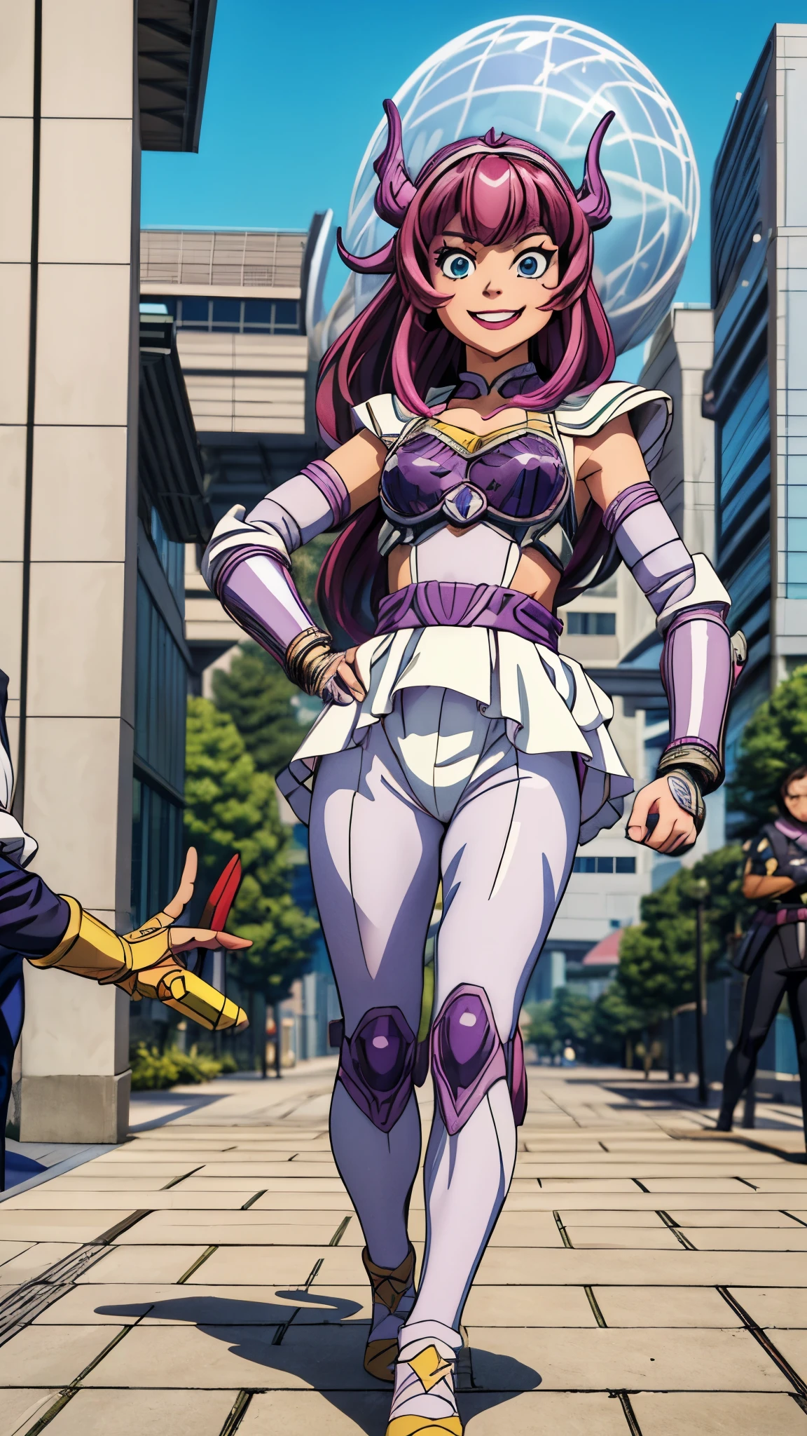 (best quality,4k,8k,highres,masterpiece:1.2),ultra-detailed, Alien Princess, Female Commander Invading city with her minions, strutting her stuff, Smiling and laughing, Flirting with the viewer, HDR, 8k, absurdres, cinestill 800, sharp focus, add_detail:3 (solo woman) anime Villainess