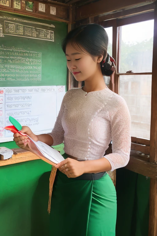 (a)portrait,realistic,highres,ultra-detailed,best quality,classy teacher,giving a lecture,standing at the blackboard,wearing traditional Myanmar dress and longyi,holding a chalk
(b)lighting:sunlight coming through the windows,illuminating the teacher and the classroom
(c)color tone:warm and earthy tones with a touch of vibrant colors
(d)material:oil painting
(e)additional details:classroom filled with eager students,listening attentively and taking notes,books and school supplies on the desks,traditional Myanmar decorations on the walls
(f)art style:realism with a hint of impressionism