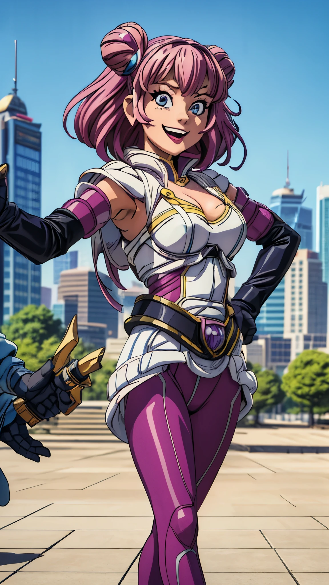 layer_megamanx, 1girl, solo, long hair, purple hair, green eyes, blunt bangs, hair over eyes, large breasts, dark skin, dark-skinned female, android, underboob, robot ears, high quality, masterpiece, standing next to a swamp and castle surrounded by mist, outdoors, tree, solo, from behind, bird, facing away, scenery