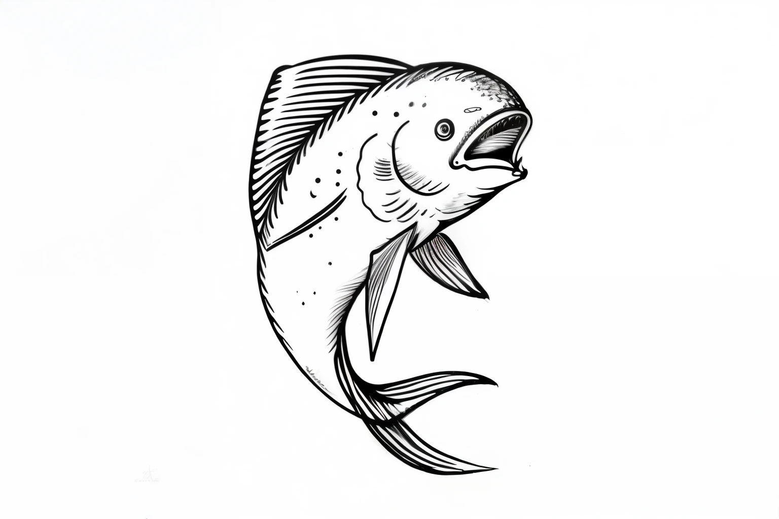 um peixe com cauda longa e boca grande, hand drawn illustration, line art illustration, sketch illustration, hd illustration, illustration of an angler fish, pen and ink illustration, pen and ink illustration, etching illustration, high detail illustration, meio peixe, estilo xilogravura, Tattoo sketch of a sea, highly detailed ink illustration, simple illustration