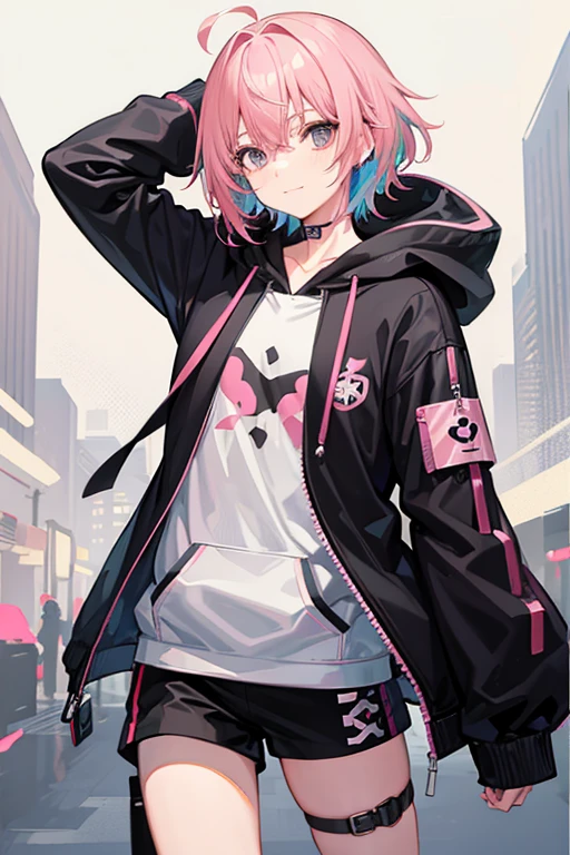 anime,manga,1boy, solo, hood, black eyes, very short hair, long sleeves, bangs, hood up, pink hoodie, arm up, upper body, multicolored hair, looking at viewer, pink hair, hair between eyes, puffy long sleeves, hoodie, gray hair, drawstring, closed mouth, virtual youtuber, sleeves past wrists, smile, black jacket, jacket, two-tone hair,boy