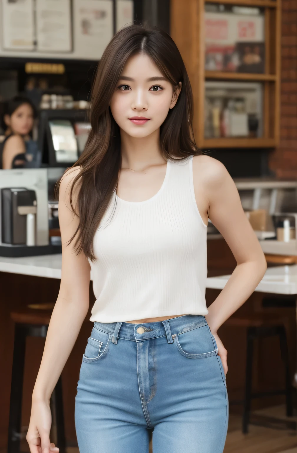 （Realistic， High resolution：1.3）， 1 Girl with perfect body， very detailed face and eyes，white long hair， random color tank top：1.2， short jeans pants， at the cafe， coffee on the table， Huge ，
