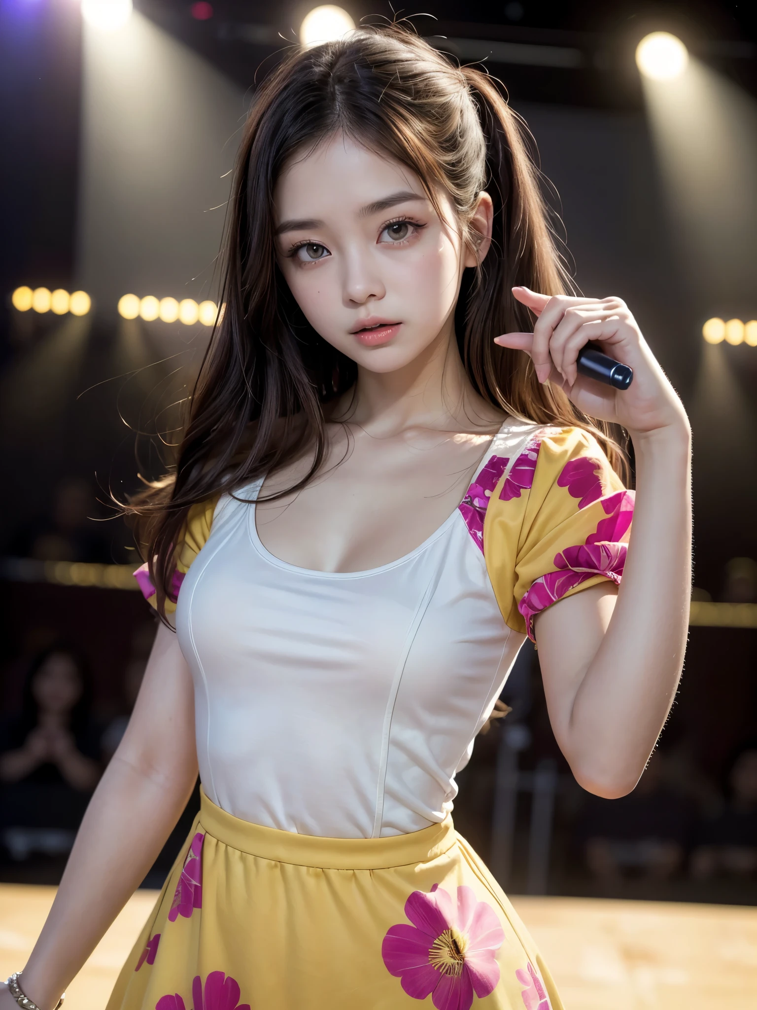 (High level image quality、high quality、High resolution、detailed、masterpiece), shikamimi, Photographed with canon eos 5d, rorish, perform on stage, concert photos, cute core、(((watching the audience)))、Very beautiful and beautiful female idol, round face、big eyes、drooping eyes、singing at live stage , singing scene, dress scene, ((Brightly colored clothing)), Warm light、(anatomically correct)、(perfect body proportions)、
