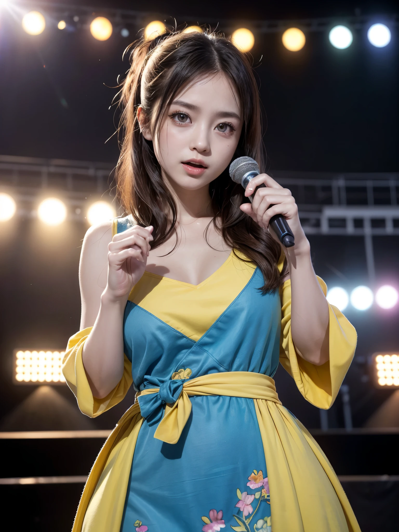 (High level image quality、high quality、High resolution、detailed、masterpiece), shikamimi, Photographed with canon eos 5d, rorish, perform on stage, concert photos, cute core、(((watching the audience)))、Very beautiful and beautiful female idol, round face、big eyes、drooping eyes、singing at live stage , singing scene, dress scene, ((Brightly colored clothing)), Warm light、(anatomically correct)、(perfect body proportions)、