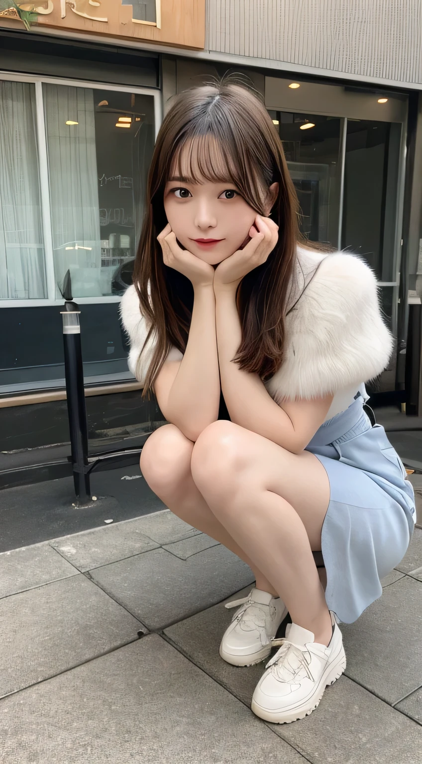 finely, High resolution, high quality、Perfect dynamic composition figure, detailed and beautiful eyes, medium hair, 、natural color lip,Kamimei、Shibuya Ward、20 year old girl、1 person、transparent skin、shining hair、table top, 最high quality, figure, Super detailed, finely, High resolution, 8K、correct state of the human body、squat、sculpture model pose，hair blowing in the wind