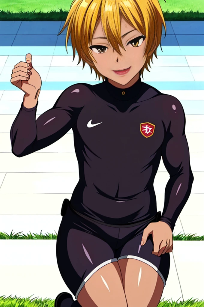 (((official art,Ultra-fine illustration,High resolution, 最high quality,最high quality,)))high quality, become familiar with, (little boy),12 years old, A young ace striker male idol with a super cute face,A boy as beautiful as Planding, long legs, thighs, feet, (There is no swelling in the chest), 、(((Vulgarity))),((blonde short hair))、(golden hair、short hair)、((brown skin:1.5)),(Tight shiny white and green training bodysuit),Ultra-fine painting, ,service shot、bulge in crotch、 (tight and shiny spats), (soccer socks), lawn area, (厚いthighs)、(((fitness gym)))、((Saucy、))、grin and laugh、tongue licking、feetを広げて,