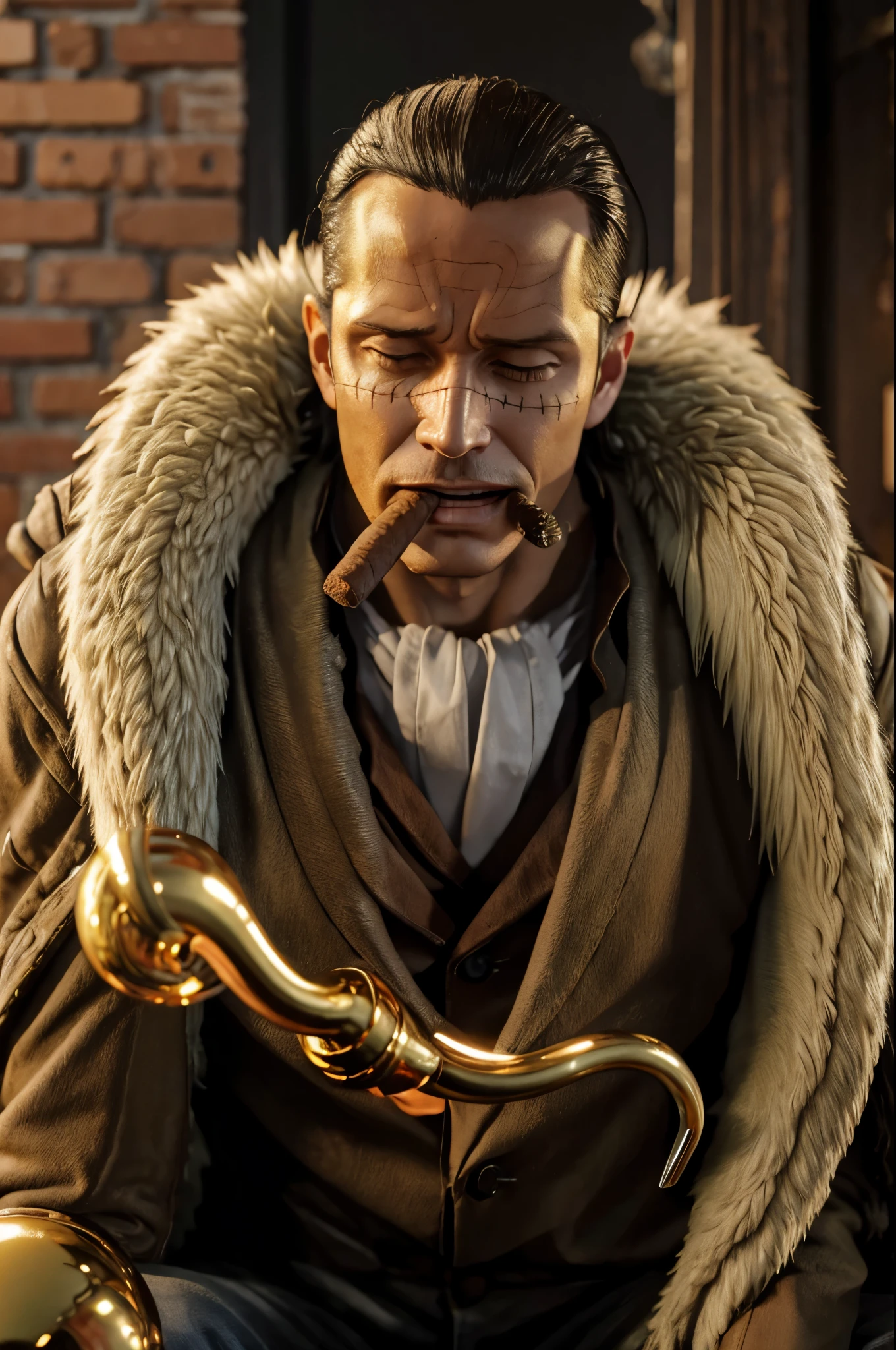 masterpiece, best quality, extremely detailed, hyperrealistic, photorealistic, a cool 40s man, ultra detailed face:1.2, fur-trimmed coat, scarf around the neck, his left hand is a golden pirate hook:1.1, at bar:1.2, sitting, a red wine grass, cigar, laughing
