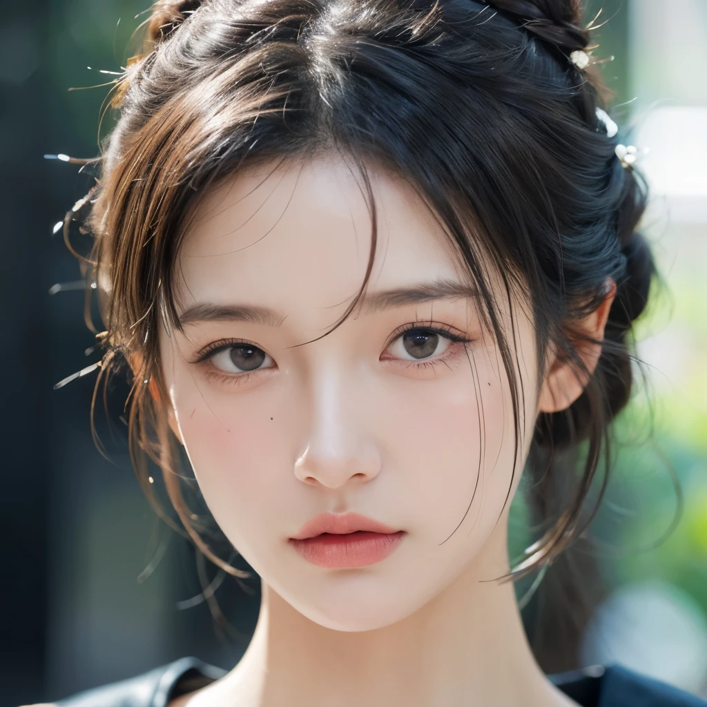 portrait, 1 girl, half updo, squinting, sad, masterpiece, best quality, realistic digital art, Realistic skin and eye textures,