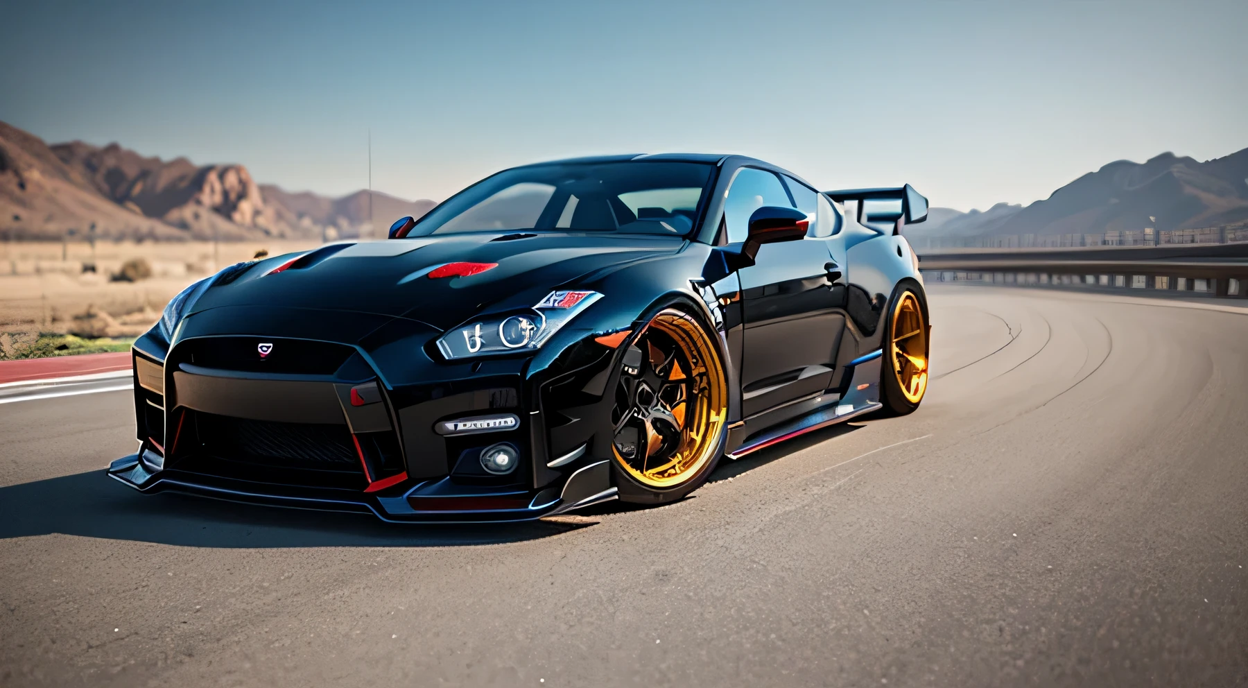 (LB-Works Full Complete: liberty walk black)、NISAN GTR34GT　Nismo black version car, truck style (Raw photo: 1.2), (realistic: 1.4), (masterpiece: 1.3), (highest quality: 1.4), ultra high resolution, HDR, 8K resolution, dream-like, Check the reviews, review request, landscape, (no text)), personal focus, Direct Lens,