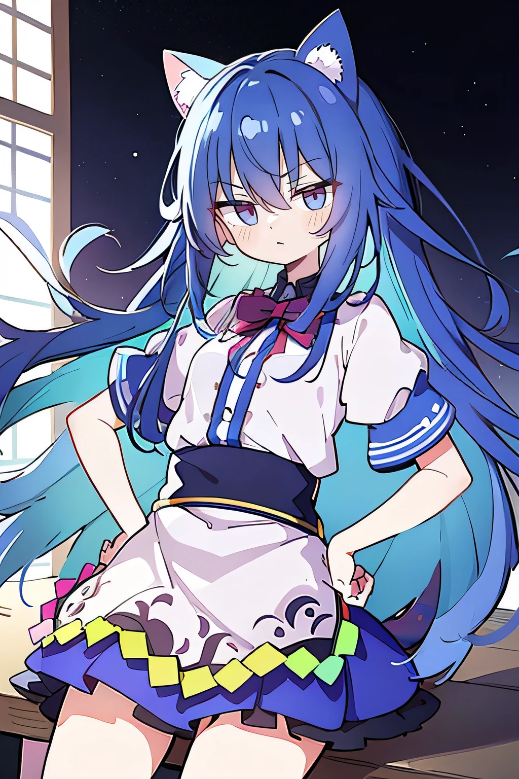 (masterpiece),best quality, expressive eyes, perfect face, 1girl,
 Put your hands on your waist,fair, Gorgeous,Japanese cartoons,girl,lola,Hina Angel, blue hair, blue haired, floating clothes,Grab your waist, Grab your waist, hands on hips , hands on hips,sit, sit on ground, Legs on the ground, flat chest,starry sky,cat ear,