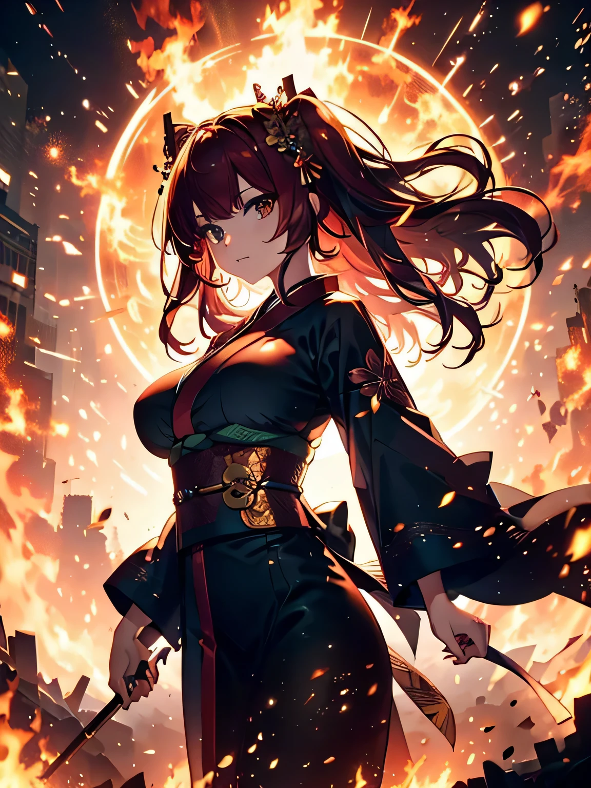 (((Enma King))),(((Enma))),((beautiful girl)),Crimson hair,green eyes,(emphasize the chest),(beautiful face),((huge breasts)),looking at the viewer,(kimono),Noble,provocative,to close range,