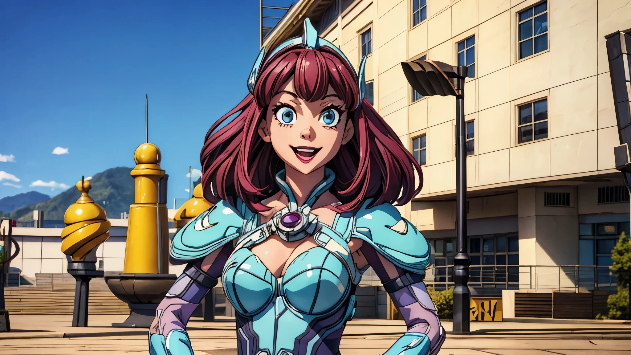(best quality,4k,8k,highres,masterpiece:1.2),ultra-detailed, Alien Princess, Female Commander Invading city with her minions, strutting her stuff, Smiling and laughing, Flirting with the viewer, HDR, 8k, absurdres, cinestill 800, sharp focus, add_detail:3 (solo woman) anime Villainess, wideshot, widescreen
