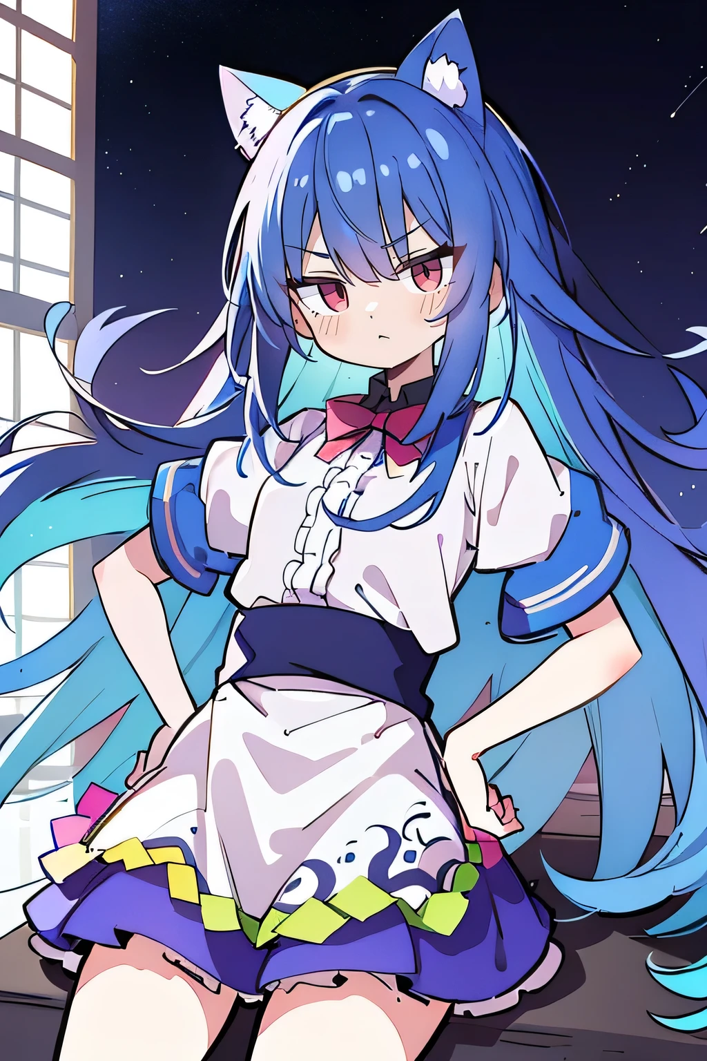 (masterpiece),best quality, expressive eyes, perfect face, 1girl,
Put your hands on your waist,fair, Gorgeous,Japanese cartoons,girl,lola,Hina Angel, blue hair, blue haired, floating clothes,Grab your waist, Grab your waist, hands on hips , hands on hips,sit, sit on ground, Legs on the ground, flat chest,starry sky,cat ear,