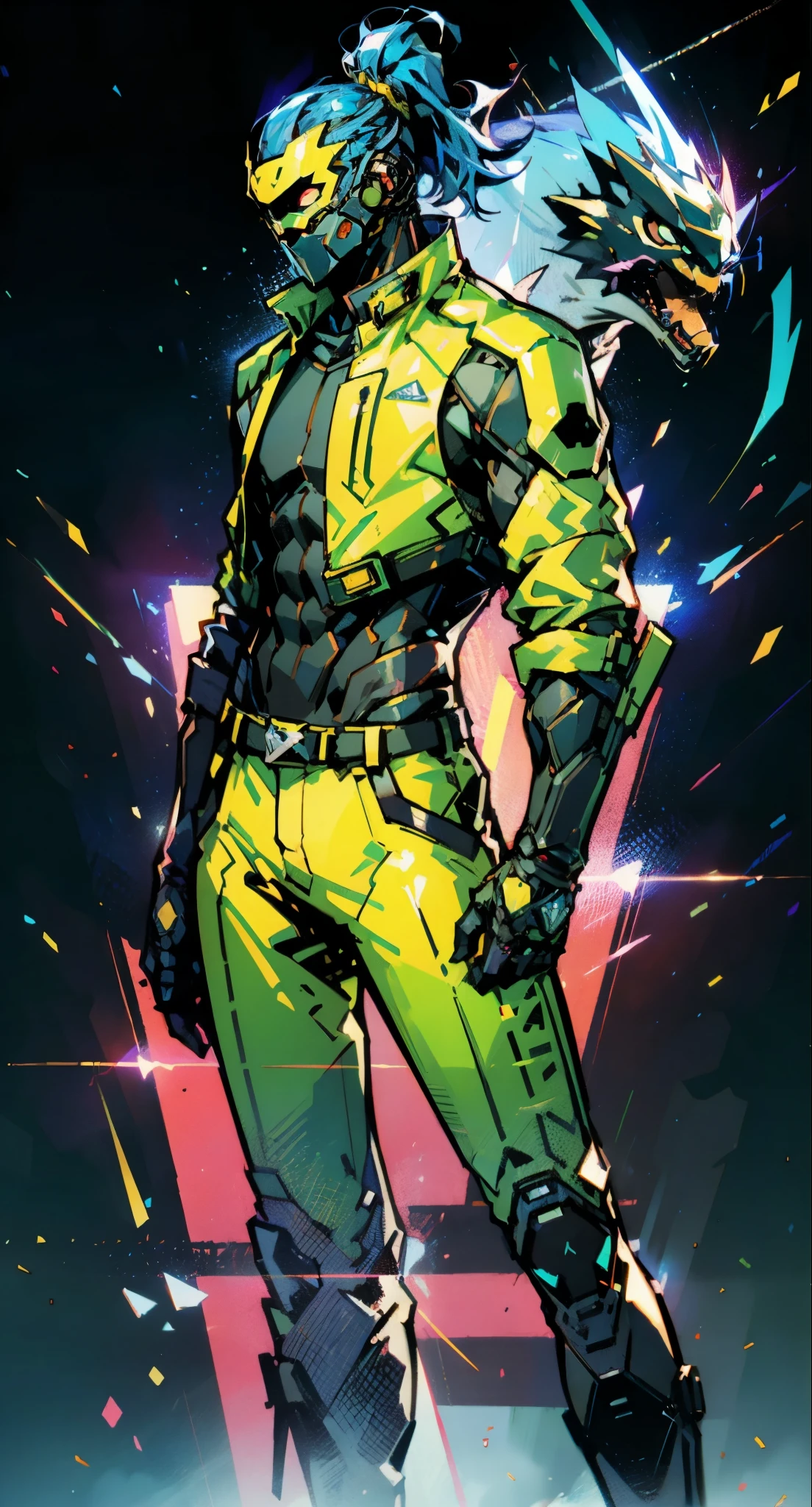 A man with blue hair tied in a ponytail, his face concealed by a falcon concept mask, full mask, stands tall and imposing, a futuristic sci-fi style short jacket, a dark bodysuit, matching trousers, a belt cinched at the waist, colorful gloves, he stands atop a futuristic high-rise, he surveys the city night view, this character embodies a finely crafted futuristic sci-fi style masked hero in anime style, exquisite and mature manga art style, high definition, best quality, highres, ultra-detailed, ultra-fine painting, extremely delicate, professional, perfect body proportions, golden ratio, anatomically correct, symmetrical face, extremely detailed eyes and face, high quality eyes, creativity, RAW photo, UHD, 32k, Natural light, cinematic lighting, masterpiece-anatomy-perfect, masterpiece:1.5