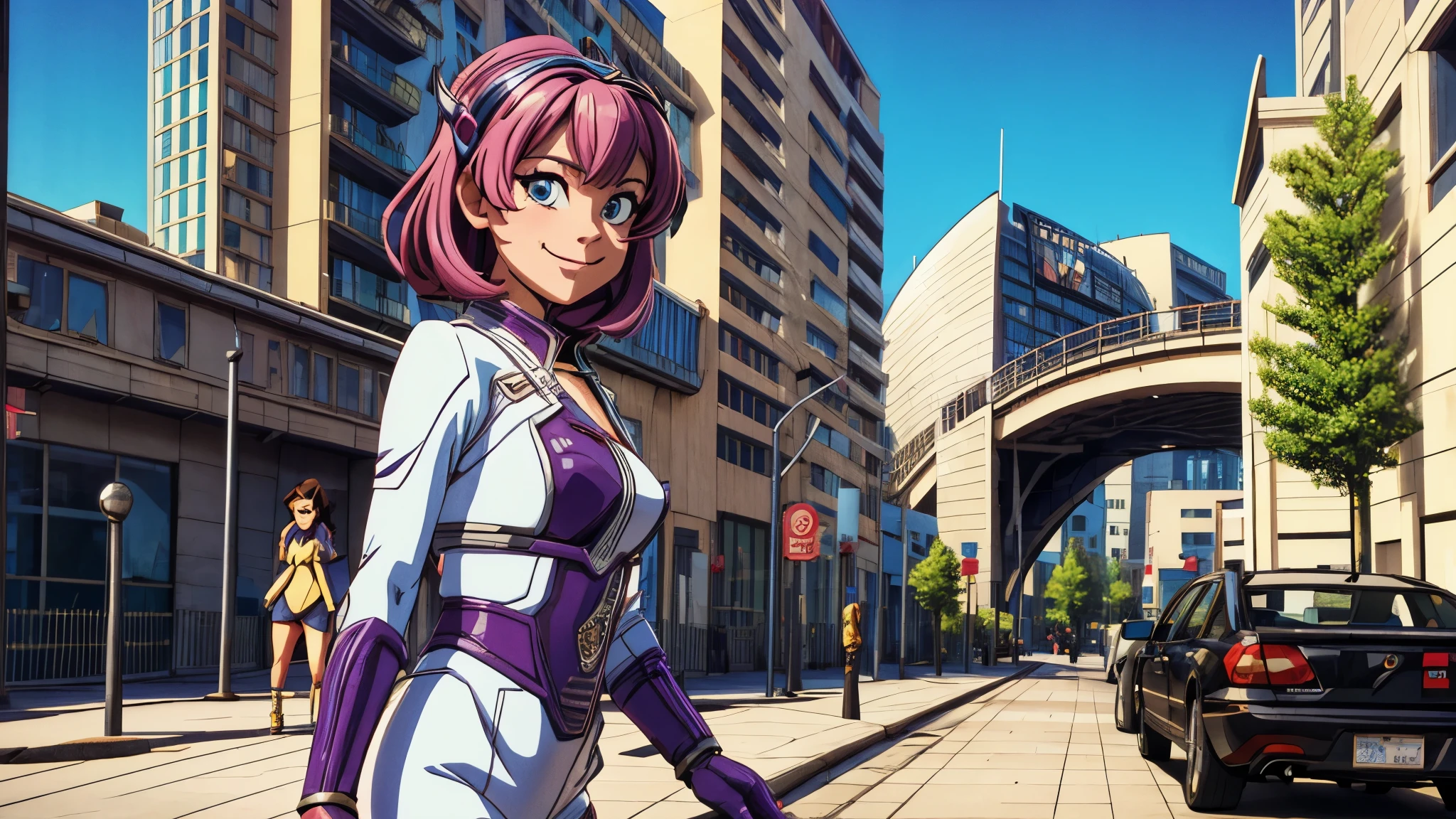 (best quality,4k,8k,highres,masterpiece:1.2),ultra-detailed, Alien Princess, Female Commander Invading city with her minions, strutting her stuff, Smiling and laughing, Flirting with the viewer, HDR, 8k, absurdres, cinestill 800, sharp focus, add_detail:3 (solo woman) anime Villainess, wideshot, widescreen