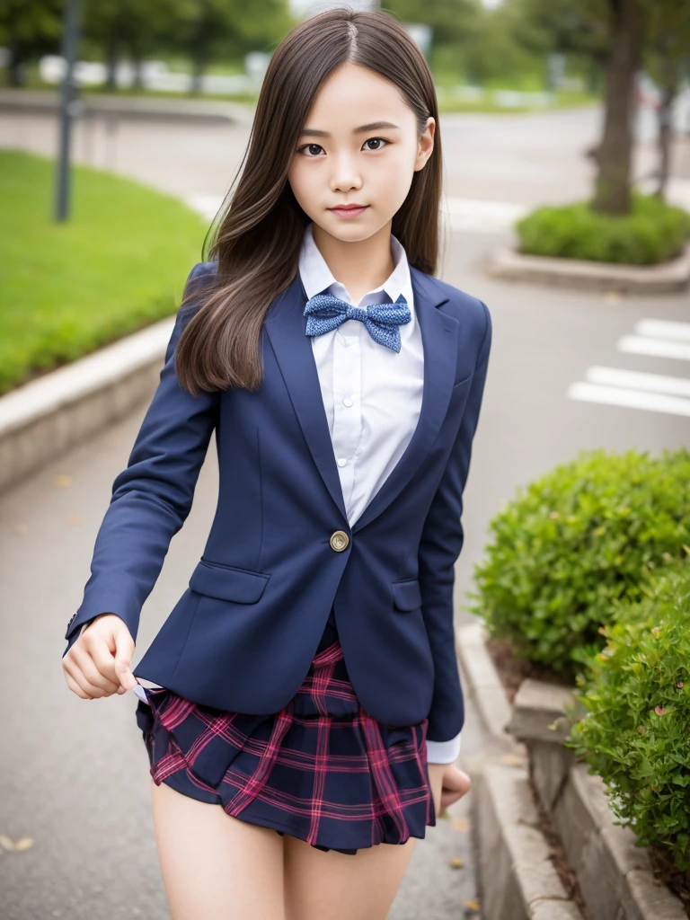 (masterpiece, highest quality:1.4), award-winning portraits, 8K, 85mm, alone, beautiful face, delicate girl, , (dark navy blazer jacket), dark navy skirt, long sleeve, violaces, gardenia, grace, Sophisticated, cute, teen, looking at the viewer, , Raw photo, disorganized, HDR, sharp focus, A bow tie, background bokeh、(((flat 、thin and delicate body、A childish atmosphere)))、Her shiny semi-long hair is tied up、hair swaying in the wind、Mole on the left cheek、large, round, dark blue eyes、full body、random pose、Run、sprinting、Skirt fluttering in the wind、Junior idol、Nogizaka Idol、widening skirt、jump、mole under eye、sexy