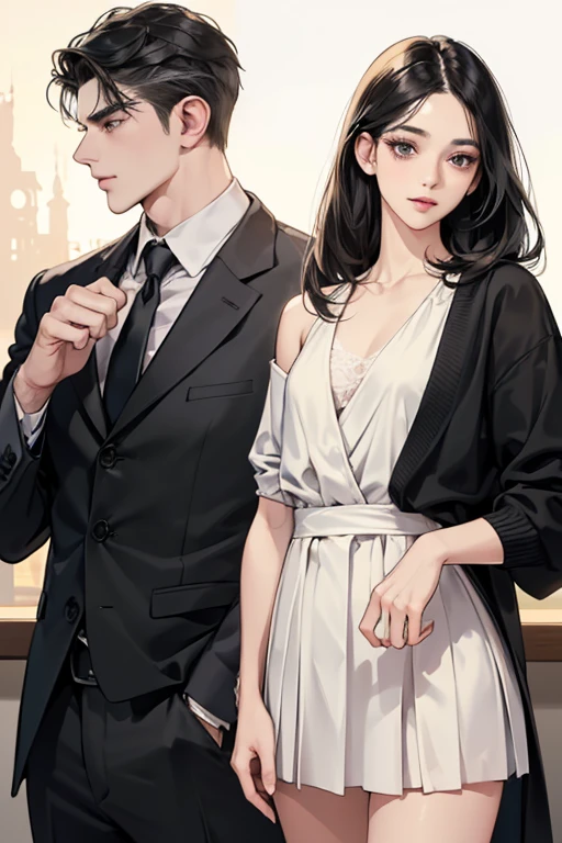 (table top, digital art, digital illustration, 4k, 8K, Super detailed, beautiful images, clear image, realistic, Raw photo, perfect face, perfect lines, perfect eyes, soft lighting) woman1名, (long black hair,straight hair,bullish look,beautiful woman,solid makeup,woman,small breasts:1.3),Two handsome men in suits, (human,man wearing a suit,muscular,solid shoulder width,adult male,boyish hairstyle,british gentleman's style,A man in his 30s with a cool expression,28 year old man with a bright smile:1.2),donutショップ、donut、Eat-in、There are many donuts lined up、sailor suit、knee length pleated skirt、baggy cardigan、kiss、couple、couple kissing、romance、sex、sexする、
