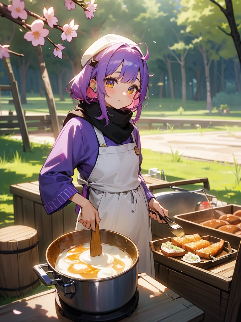campしている女の子、Inner color mesh purple、two tone hairstyle、Scarf、golden eyes、horn、My eyes are sparkling、ear piercing、bellflower flower、belly button、ingredients、cooking、camper、Spring Cap、camp、Cherry Blossom、nature、bonfire、camp飯、camp道具、sunny、frying pan、pot、toast、、river、wood