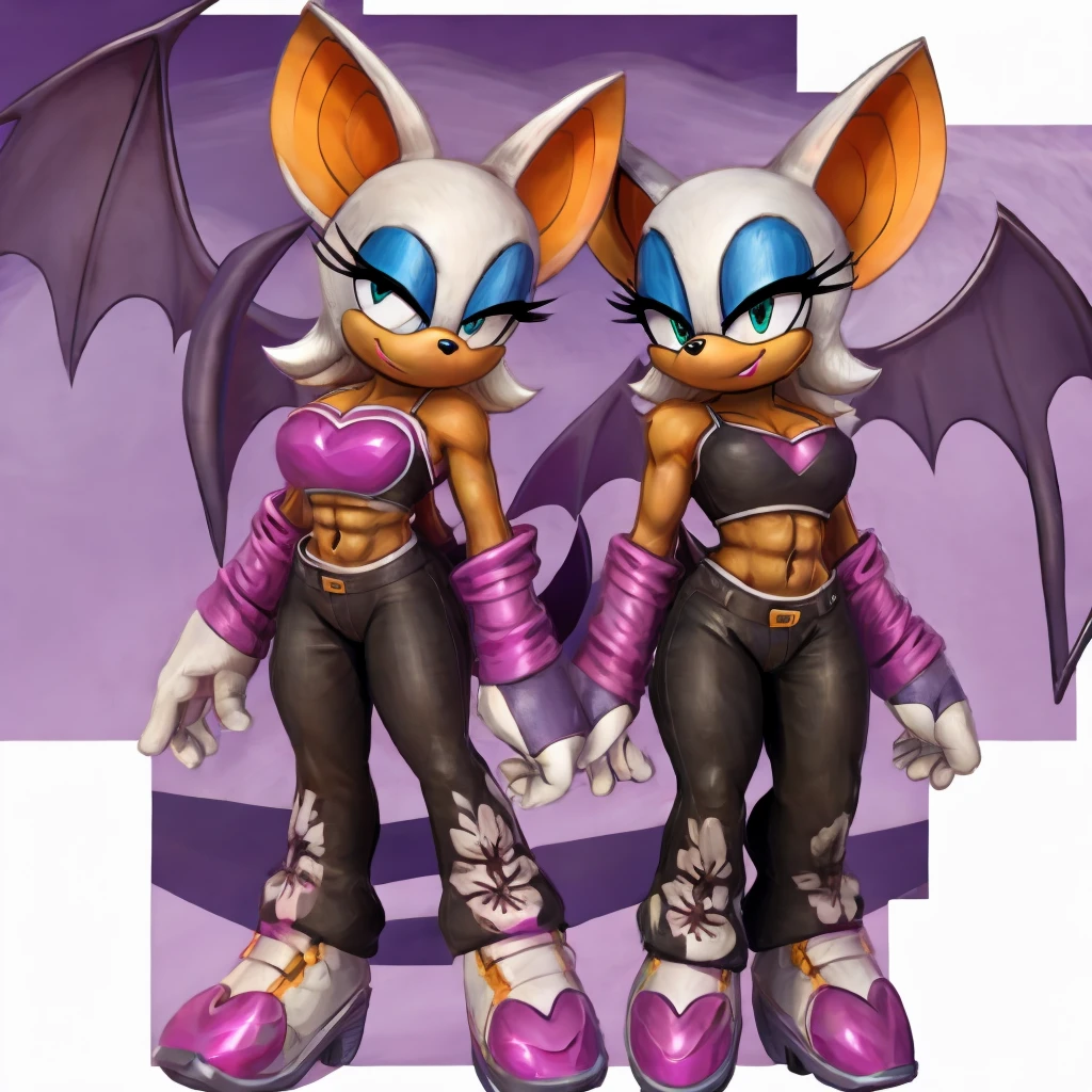 Rouge the bat with abs wearing a crop top of her classic outfit with a bare midriff and a bare navel