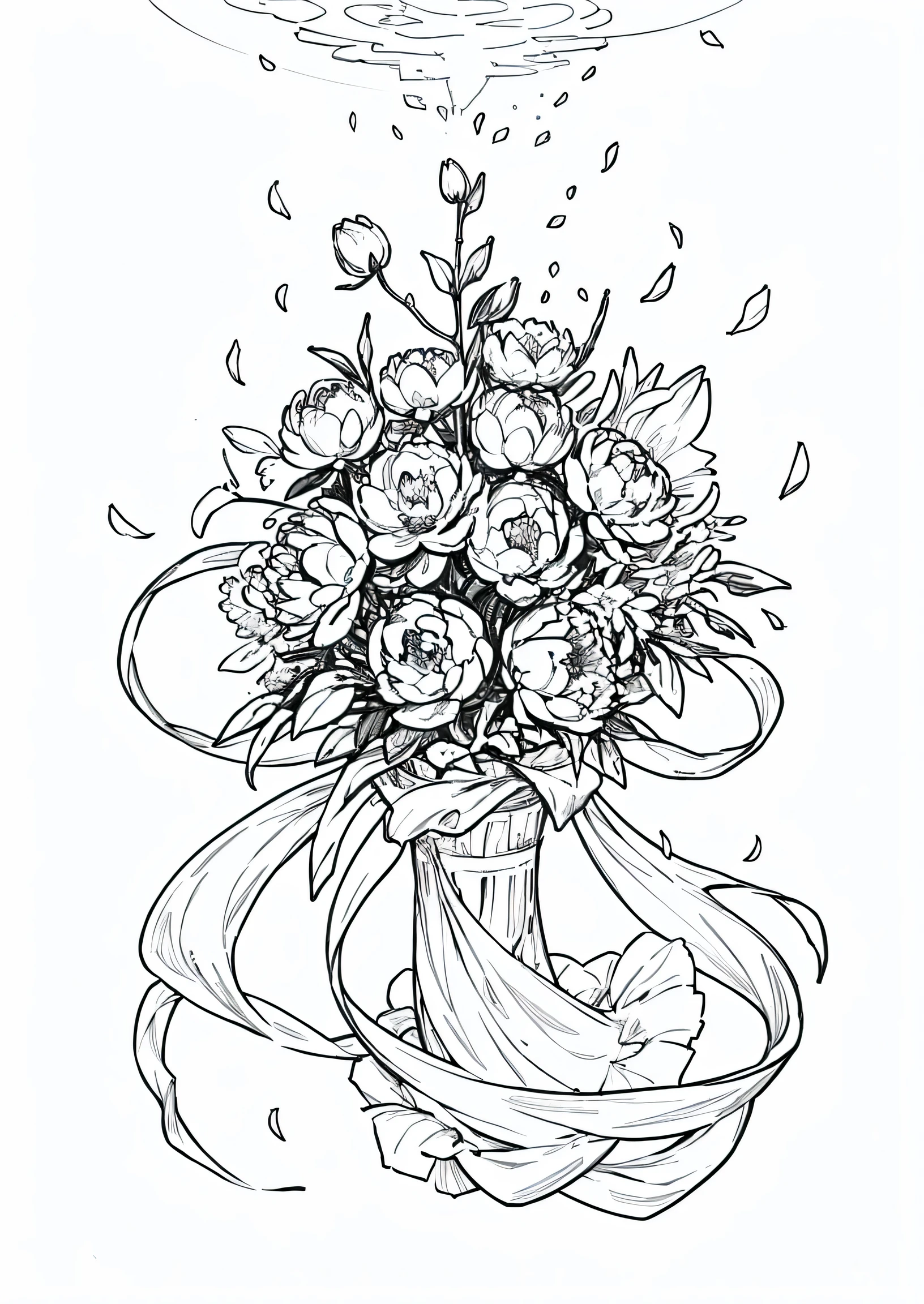 White Peony,sketch,black and white lines,Peonies bloom in the warm spring sunshine,The huge flowers are like stars,Brilliant。Each petal is as soft as fine silk,Layers,As if showing its elegance and luxury to the world。