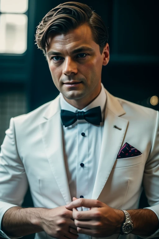 Un homme qui se tient debout en costume-cravate style Gatsby depuis 30 ans，corps et tête droits sur la photo，head close-up，DSRL，face au spectateur de la photo，The eyes are fixed on the lens，Shoulders and head appear in the photo，L’homme est centré sur la photo，8K，best quality，chef-d&#39;artwork，realistically，photographie de-réaliste，photo de film，Ultra photo réaliste，1 personnes，A detailed， Lit parfait， DSRL，photo professionnelle，4k  