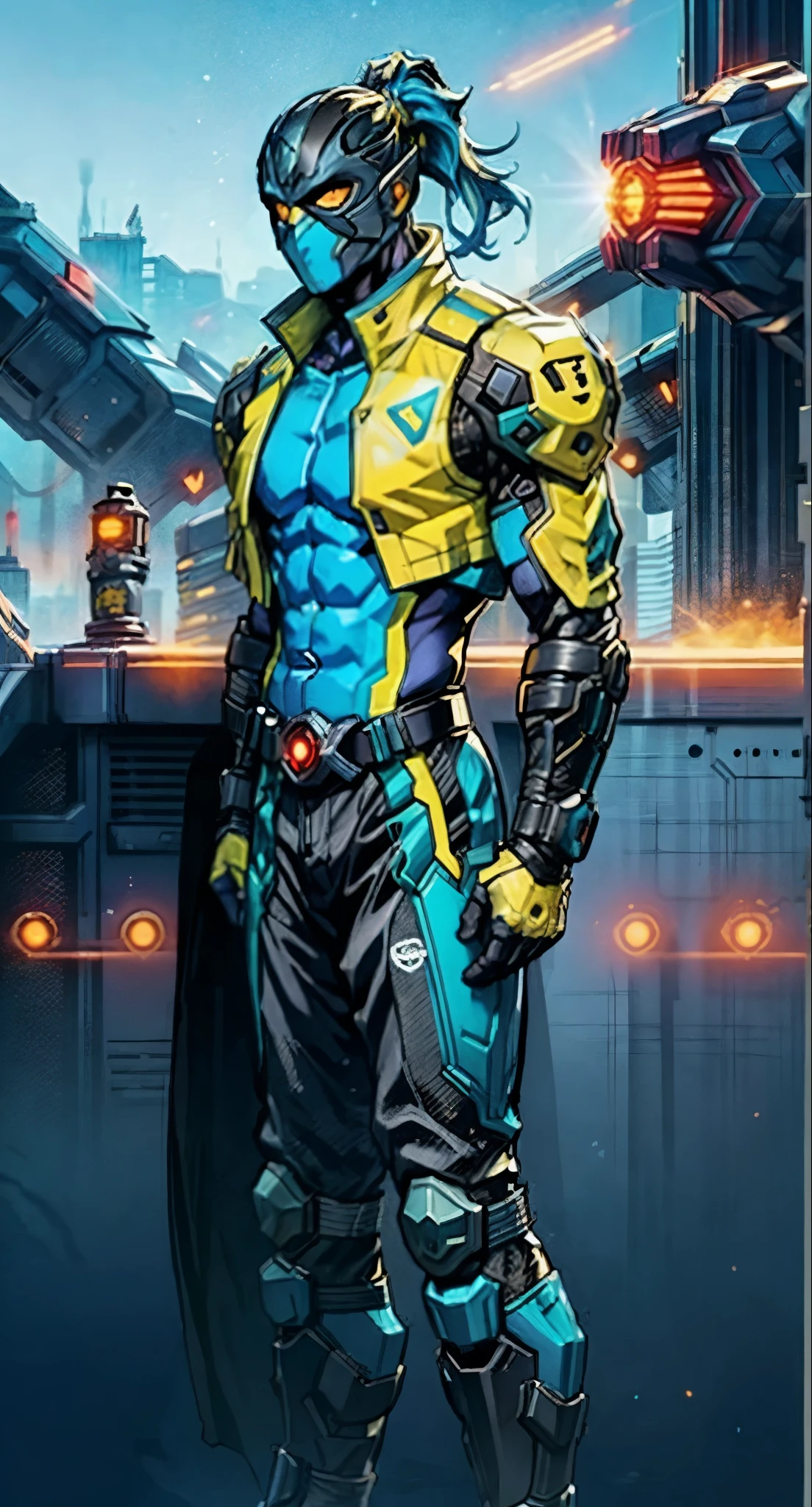 A man with blue hair tied in a ponytail, his face concealed by a falcon concept mask, full mask, stands tall and imposing, a futuristic sci-fi style short jacket, a dark bodysuit, matching trousers, a belt cinched at the waist, colorful gloves, he stands atop a futuristic high-rise, he surveys the city night view, this character embodies a finely crafted futuristic sci-fi style masked hero in anime style, exquisite and mature manga art style, high definition, best quality, highres, ultra-detailed, ultra-fine painting, extremely delicate, professional, perfect body proportions, golden ratio, anatomically correct, symmetrical face, extremely detailed eyes and face, high quality eyes, creativity, RAW photo, UHD, 32k, Natural light, cinematic lighting, masterpiece-anatomy-perfect, masterpiece:1.5