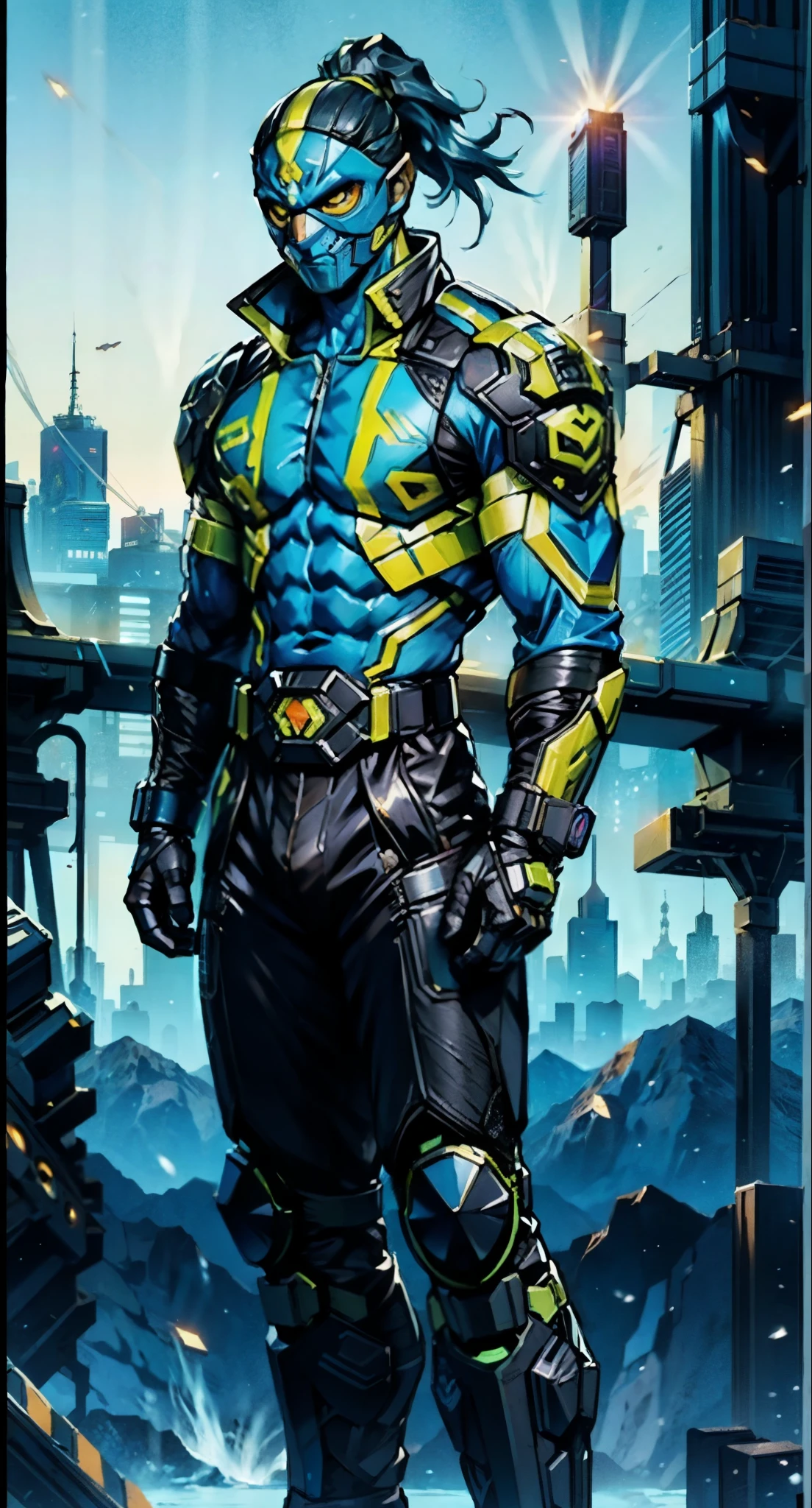 A man with blue hair tied in a ponytail, his face concealed by a falcon concept mask, full mask, stands tall and imposing, a futuristic sci-fi style short jacket, a dark bodysuit, matching trousers, a belt cinched at the waist, colorful gloves, he stands atop a futuristic high-rise, he surveys the city night view, this character embodies a finely crafted futuristic sci-fi style masked hero in anime style, exquisite and mature manga art style, high definition, best quality, highres, ultra-detailed, ultra-fine painting, extremely delicate, professional, perfect body proportions, golden ratio, anatomically correct, symmetrical face, extremely detailed eyes and face, high quality eyes, creativity, RAW photo, UHD, 32k, Natural light, cinematic lighting, masterpiece-anatomy-perfect, masterpiece:1.5