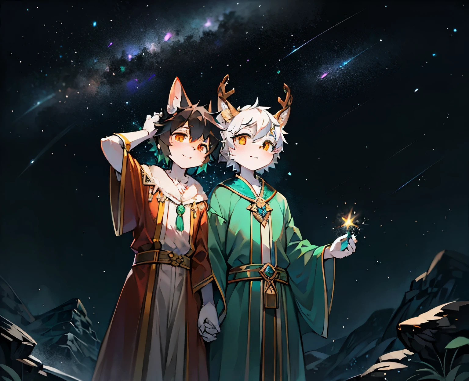 A white deer with green pupils and white hair,A wolf with black hair and orange eyes,Brilliant Milky Way,Green pupils,Star,flowing robe,Fluttering robes,holding a hand,Lovely shota,hangs in the air,Double,Turquoise robe,orange robe,Knighthood,clear face,Correct facial proportions