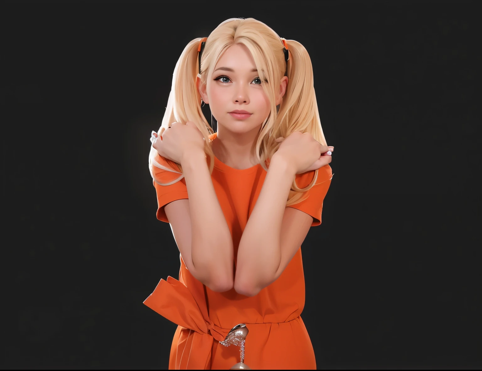 A blonde woman wearing an orange dress is holding her hands together in a praying motion. glossy skin