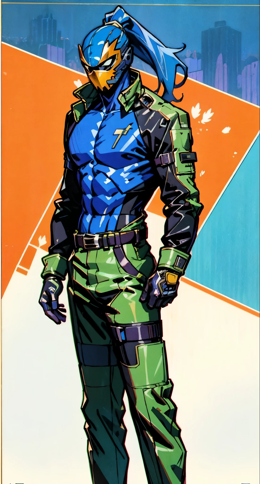 A man with blue hair tied in a ponytail, his face concealed by a falcon concept mask, full mask, stands tall and imposing, a futuristic sci-fi style short jacket, a dark bodysuit, matching trousers, a belt cinched at the waist, colorful gloves, he stands atop a futuristic high-rise, he surveys the city night view, this character embodies a finely crafted futuristic sci-fi style masked hero in anime style, exquisite and mature manga art style, high definition, best quality, highres, ultra-detailed, ultra-fine painting, extremely delicate, professional, perfect body proportions, golden ratio, anatomically correct, symmetrical face, extremely detailed eyes and face, high quality eyes, creativity, RAW photo, UHD, 32k, Natural light, cinematic lighting, masterpiece-anatomy-perfect, masterpiece:1.5