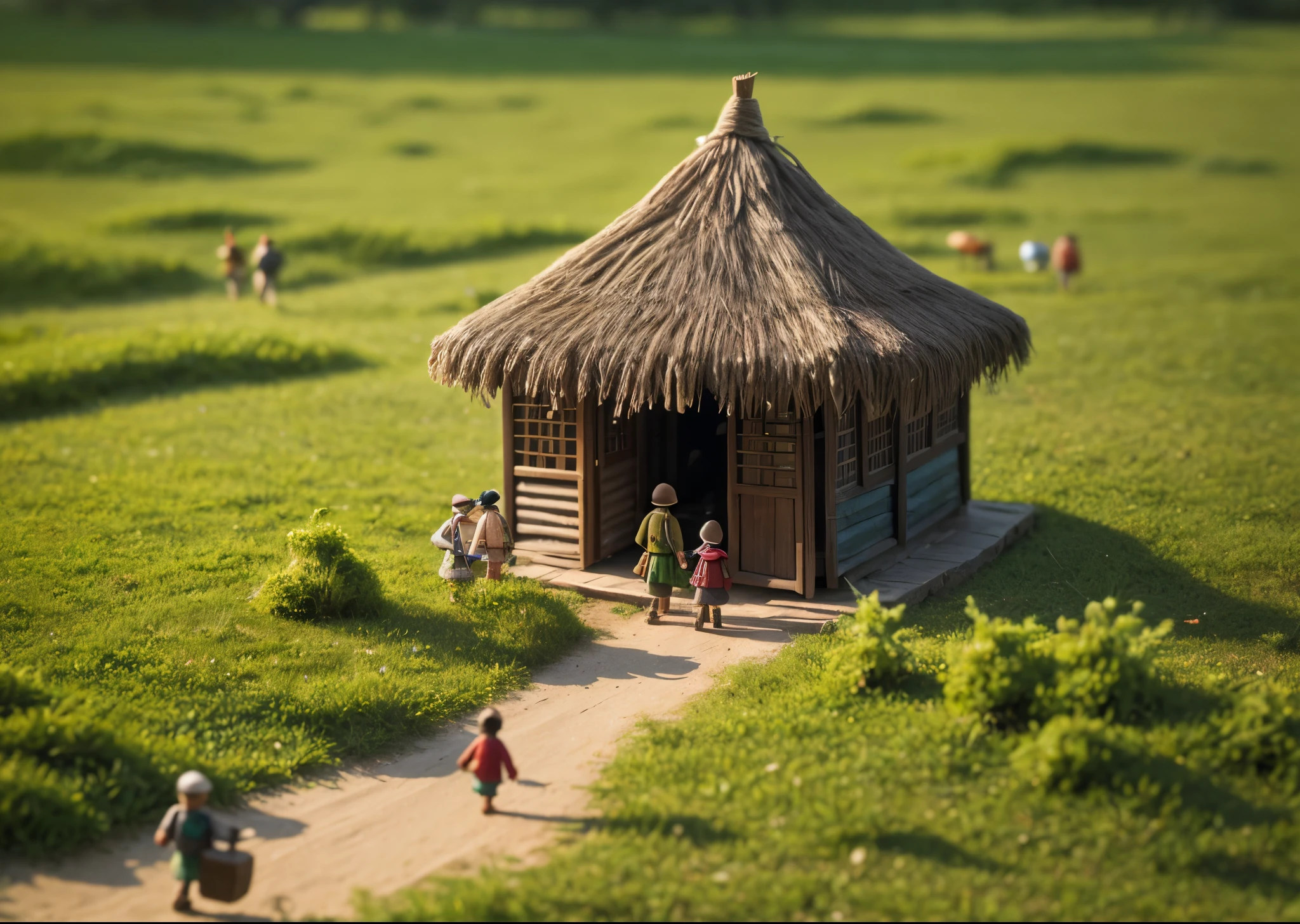 magical country、Little people made of plants、５Man Dwarf、The little people are marching happily in front of a hut made of green plantacro photography、Close-up、dry land and short grass、High definition、high resolution、High color rendering、High resolution、Super realistic、photo realistic 